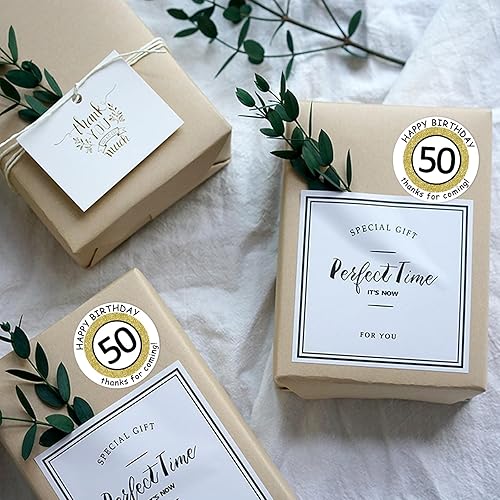 Miniatura 3 de Calcomanías redondas de 1.5 pulgadas para cumpleaños número 50 (80 piezas) de oro blanco con texto en inglés "Happy 50th Birthday", calcomanías