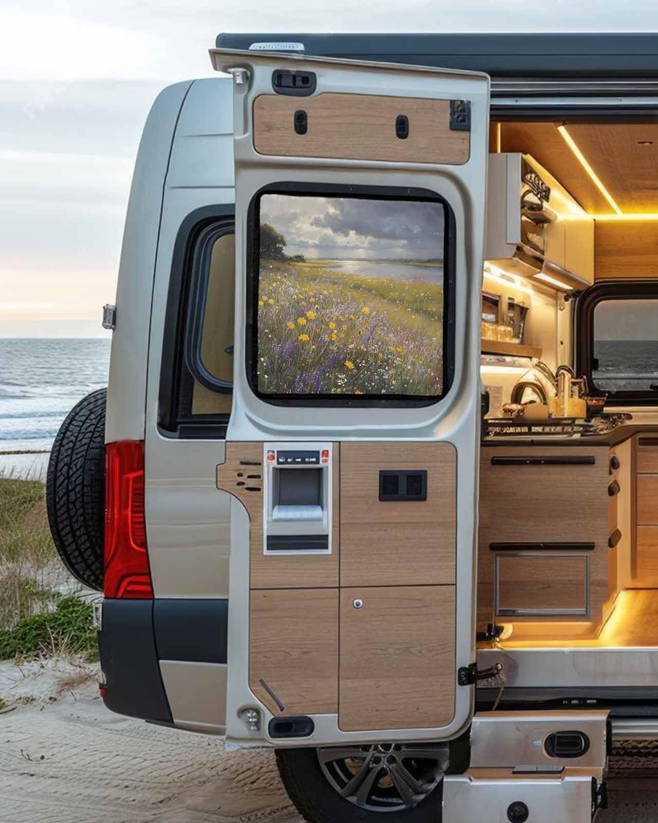 LEOKOTI RV Door Window Shade, Spring Floral Blackout RV Window Shades Foldable, Modern Oil Painting Summer Botanical Pastoral Privacy Insulation Car Covers 16