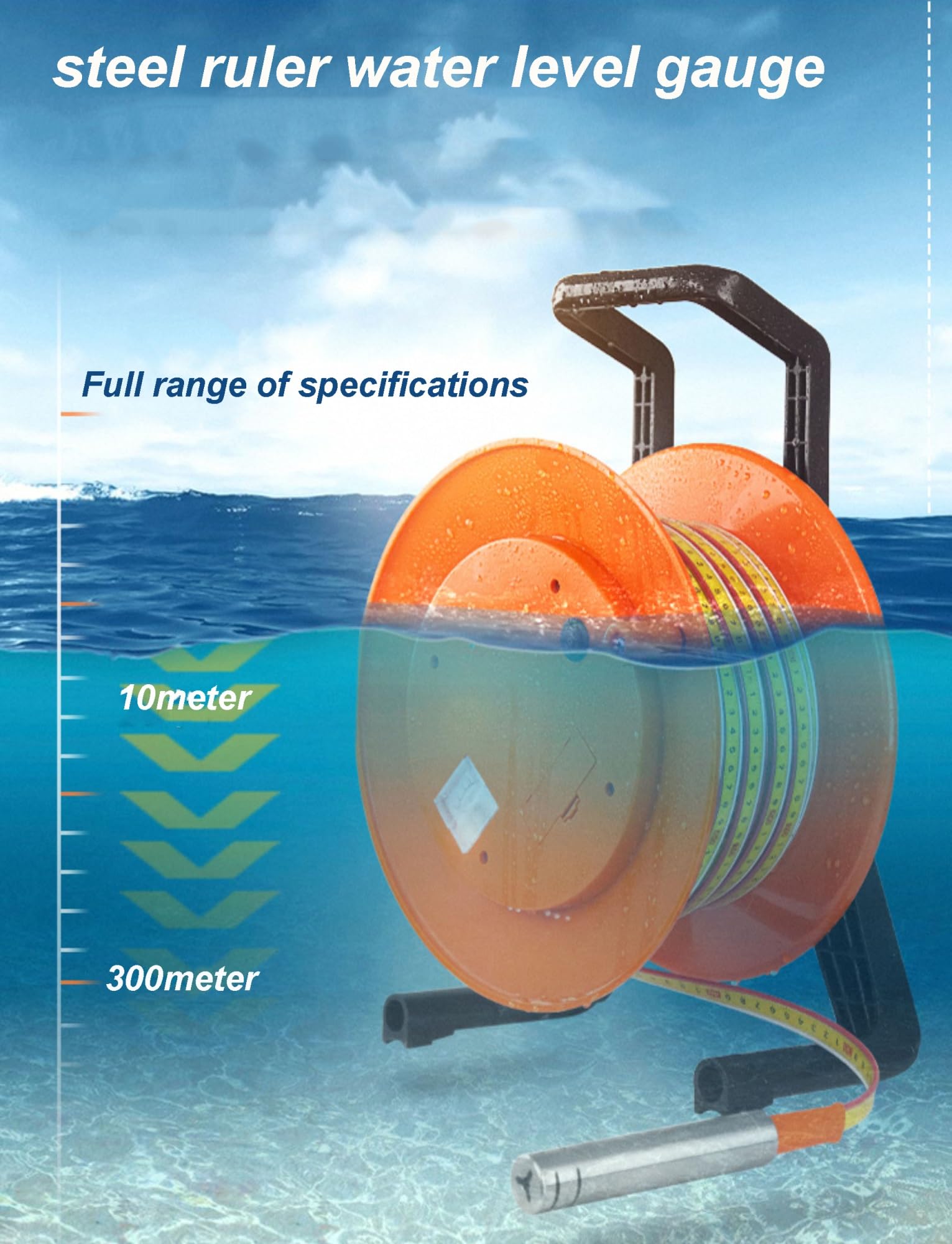 Medidor de nivel de agua con regla de acero, medidor de nivel de agua subterránea, sonda de acero inoxidable, longitud ajustable de 10 a 100 metros.((98.4ft) 30meter)