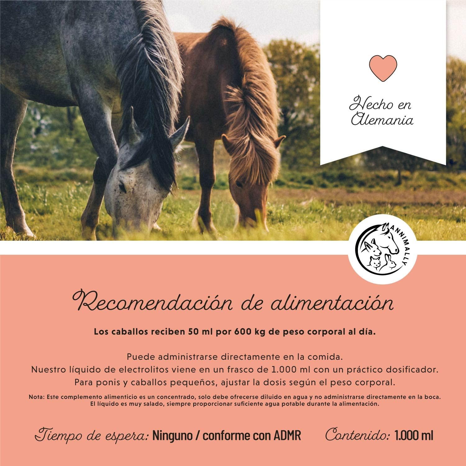 Annimally Electrolitos Líquidos para Caballos 1000ml con Sodio, Potasio, Acerola, Calcio, Magnesio y Vitamina B líquida - Electrolitos Líquidos sin azúcares añadidos.