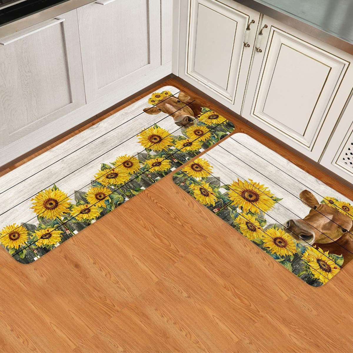 Kitchen Mats Set of 2 Rustic Farm Sunflower and Cow Wood