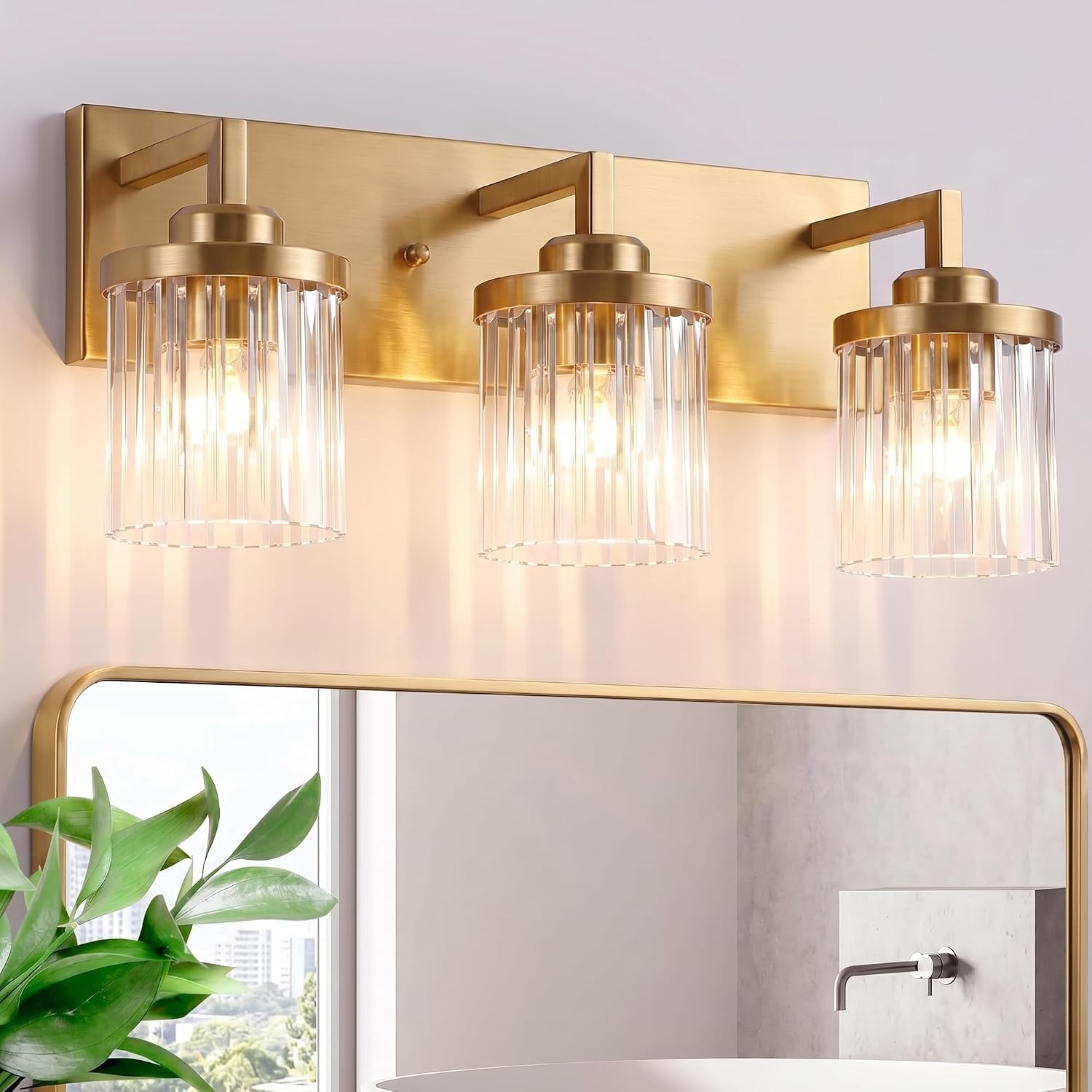 Modern Crystal Bathroom Light Fixtures, 3 Light Gold Vanity Lights, with Crystal Glass Shade, Industrial Bathroom Lighting Fixtures Over Mirror Wall Light for Bedroom Living Room