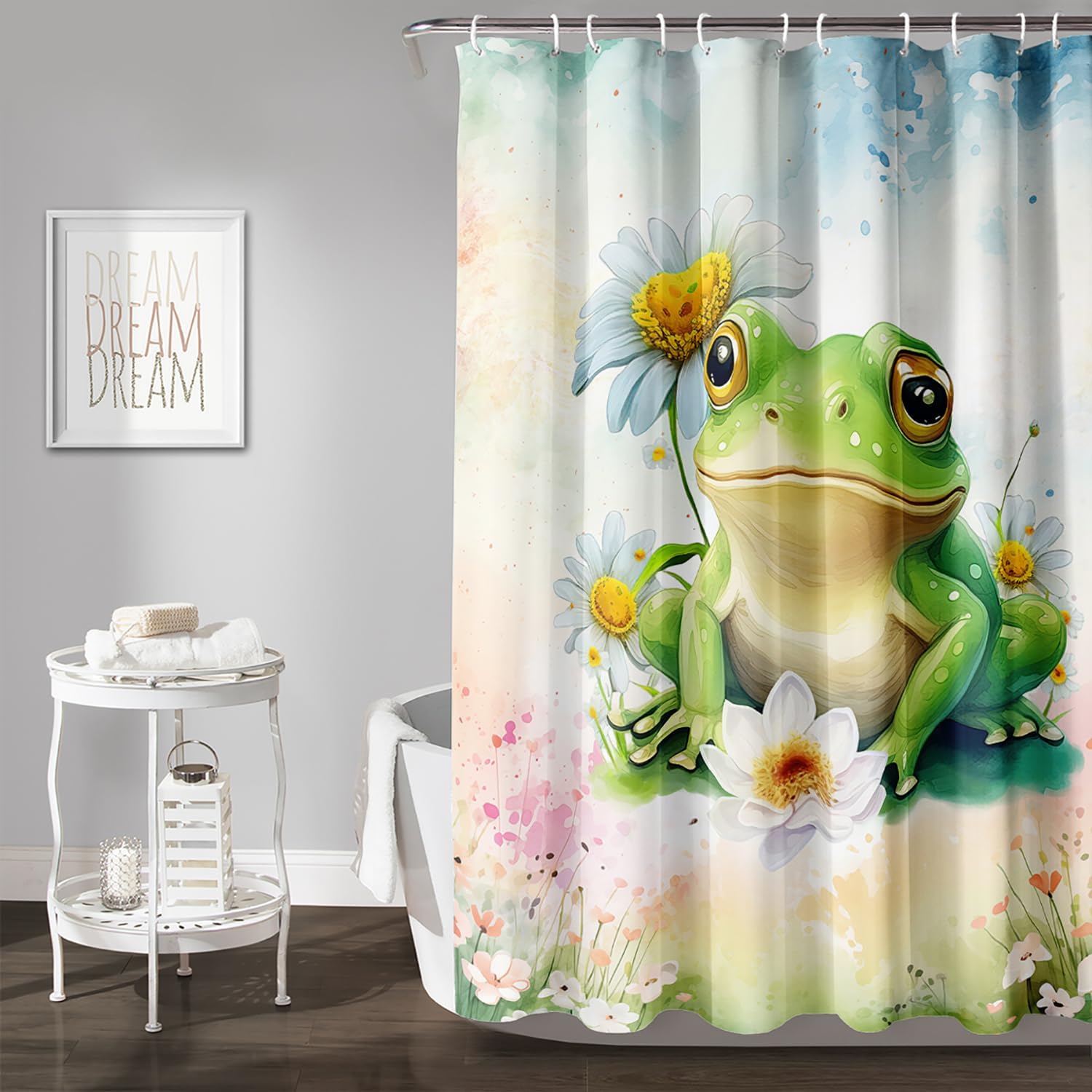 AILONEN Cartoon Frog Shower Curtain Set for Bathroom, Green Amphibian Animal Bath Curtain with Tie Dye Flowers, Waterproof Fabric with Hooks, 60" W*72" H