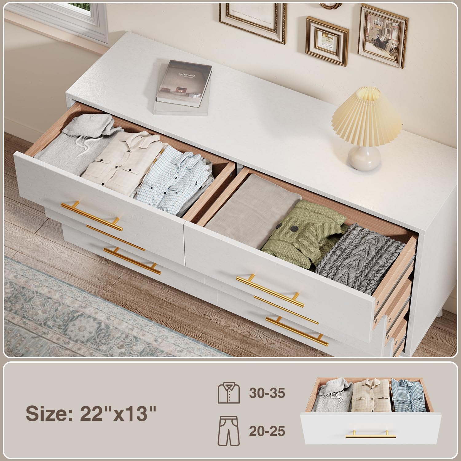 Aiho 6 Drawer Dresser for Bedroom, Chest of Drawers with Silent Gliding Slides ＆ Metal Handles, Wood Storage Chest for Nursery, Living Room, Entryway, White Dresser