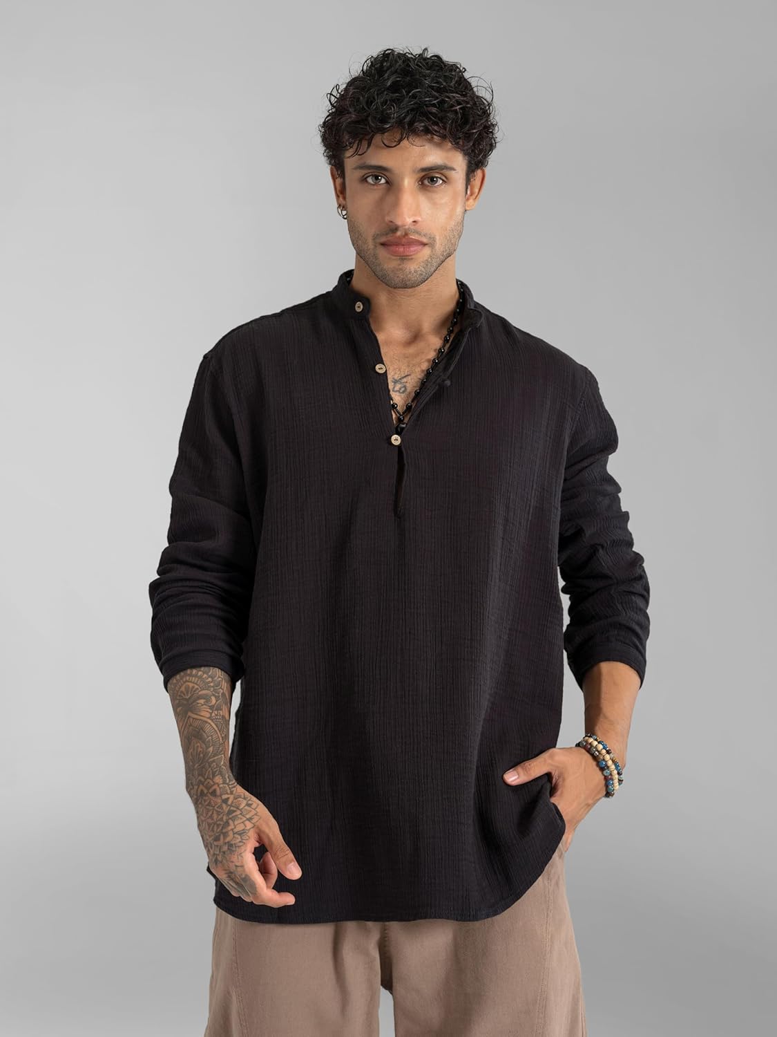 The Veshti Company Mandarin Collar Cotton Crinkle Kurta Shirt for Men