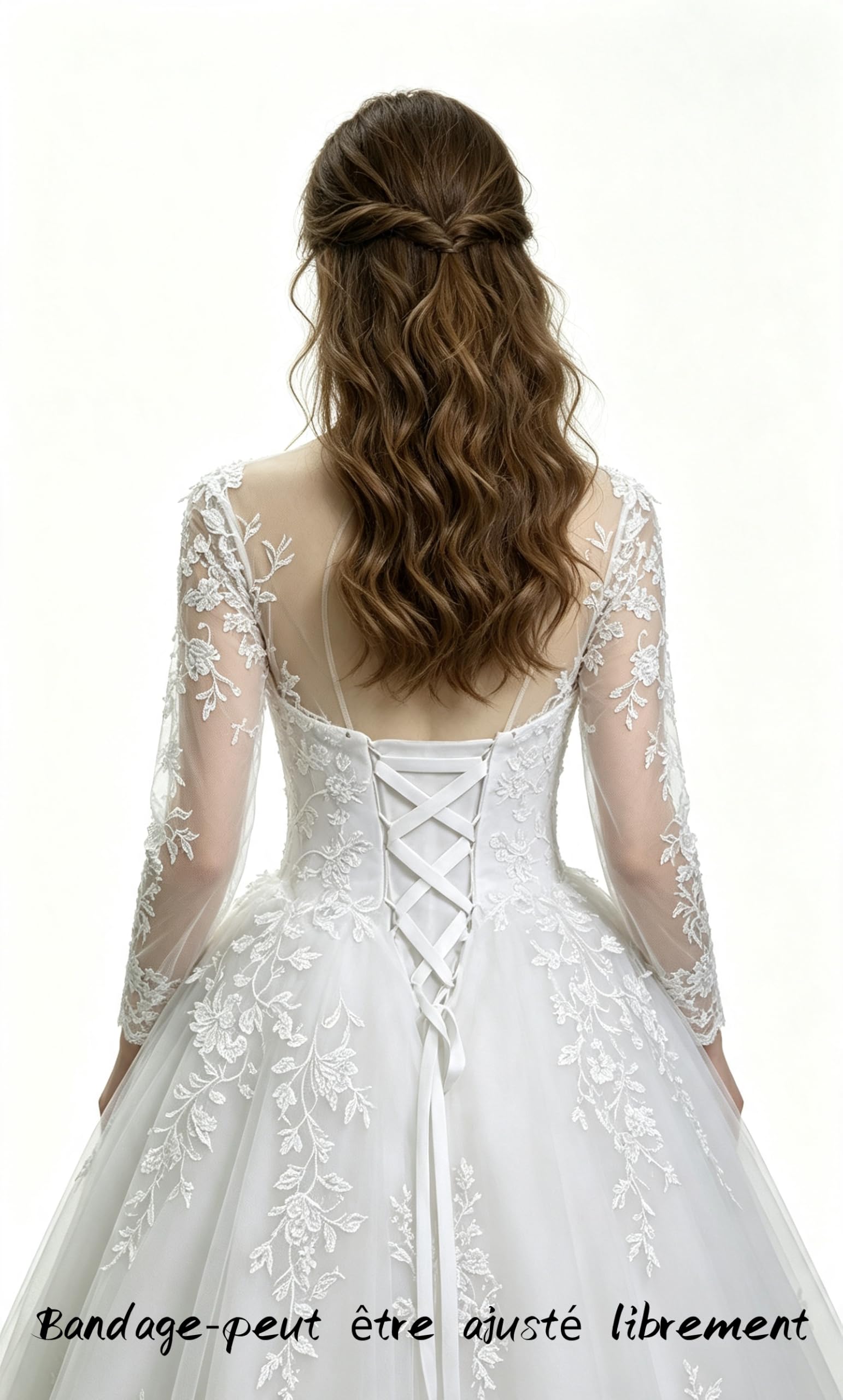 Robe de Mariée Dentelle Manches Longues A-Line - Blanc | Dos lacet ajustable, Robe sur mesure