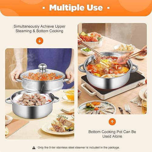 Miniatura 3 de Vaporizador de 10.2 in10.24 pulgadas, olla de vapor de acero inoxidable de 5 niveles con tapa de vidrio transparente y asas, olla de vapor redonda