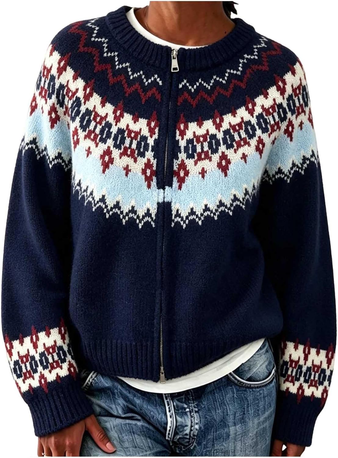 Womens Fair Isle Sweater Vintage Knit Fall Winter Jackets