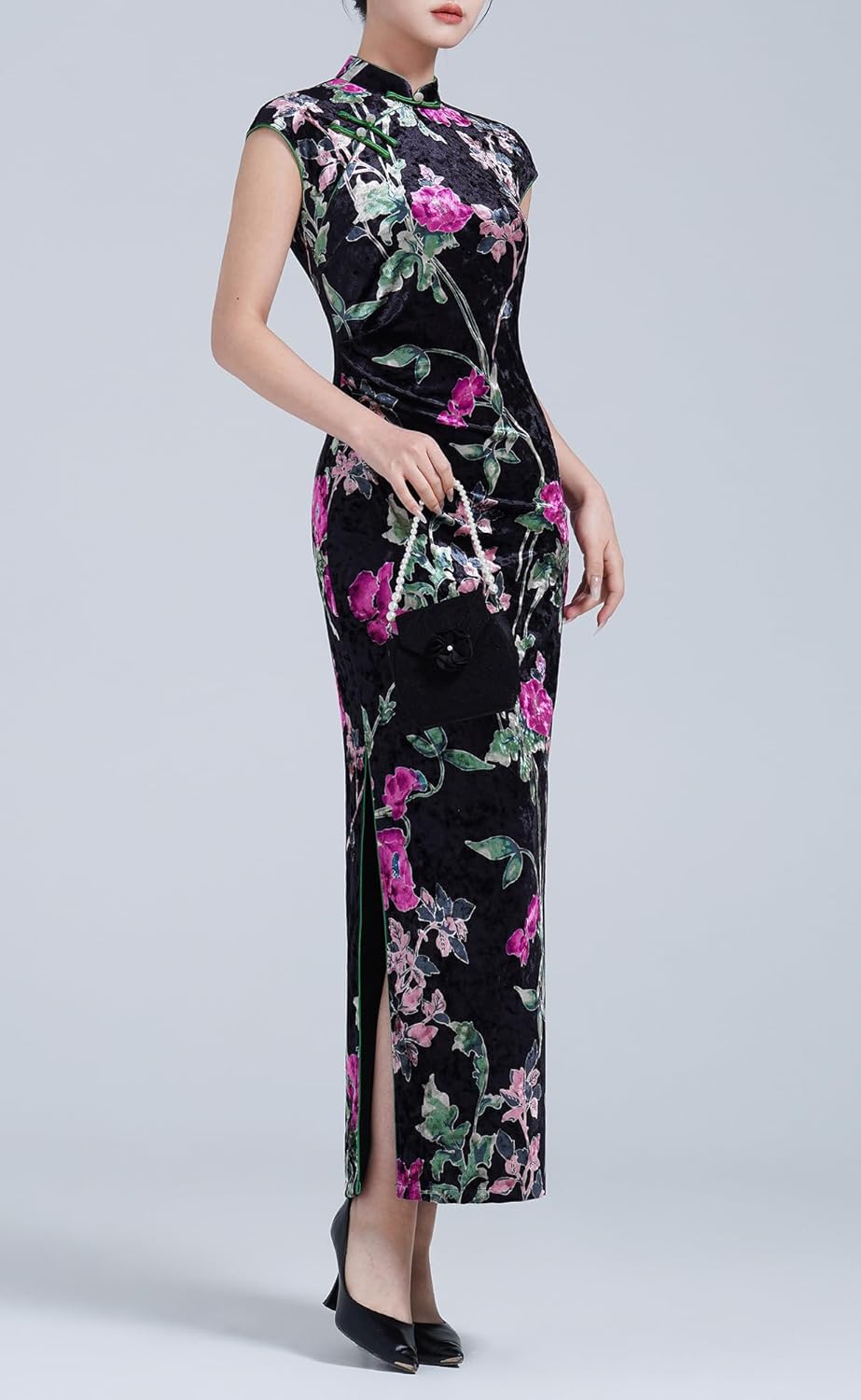 Women's Black with Green Vines & Purple Floral Print Stretch Velvet Qipao with Side Gathers