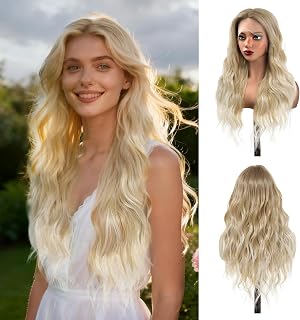 GUOJIAN Long Wave Wig 26inch Ombre Ash Blonde 13x5x1 HD Lace Front Synthetic Wavy Wigs For Women Heat Resistant Curly Wig for Cosplay Halloween Daily Use