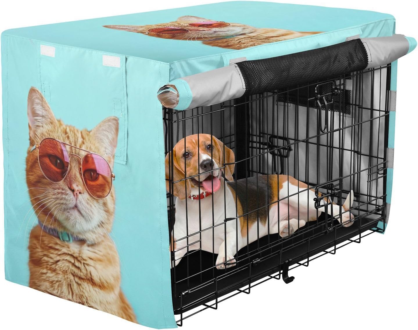 Orange Cat Funny Blue Dog Crate Cover S-XL Water-Resistant Pet Kennel Cover with Mesh Windows, Reduces Barking, X-Large