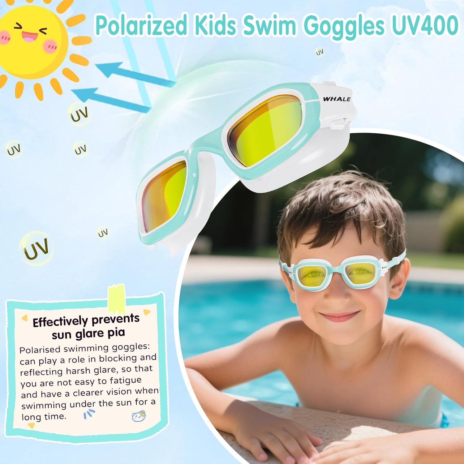 Whale Kids Swim Goggles Wear Comfortable UV400 Antifog Polarized Swimming Goggles Suitable for ages 3-14