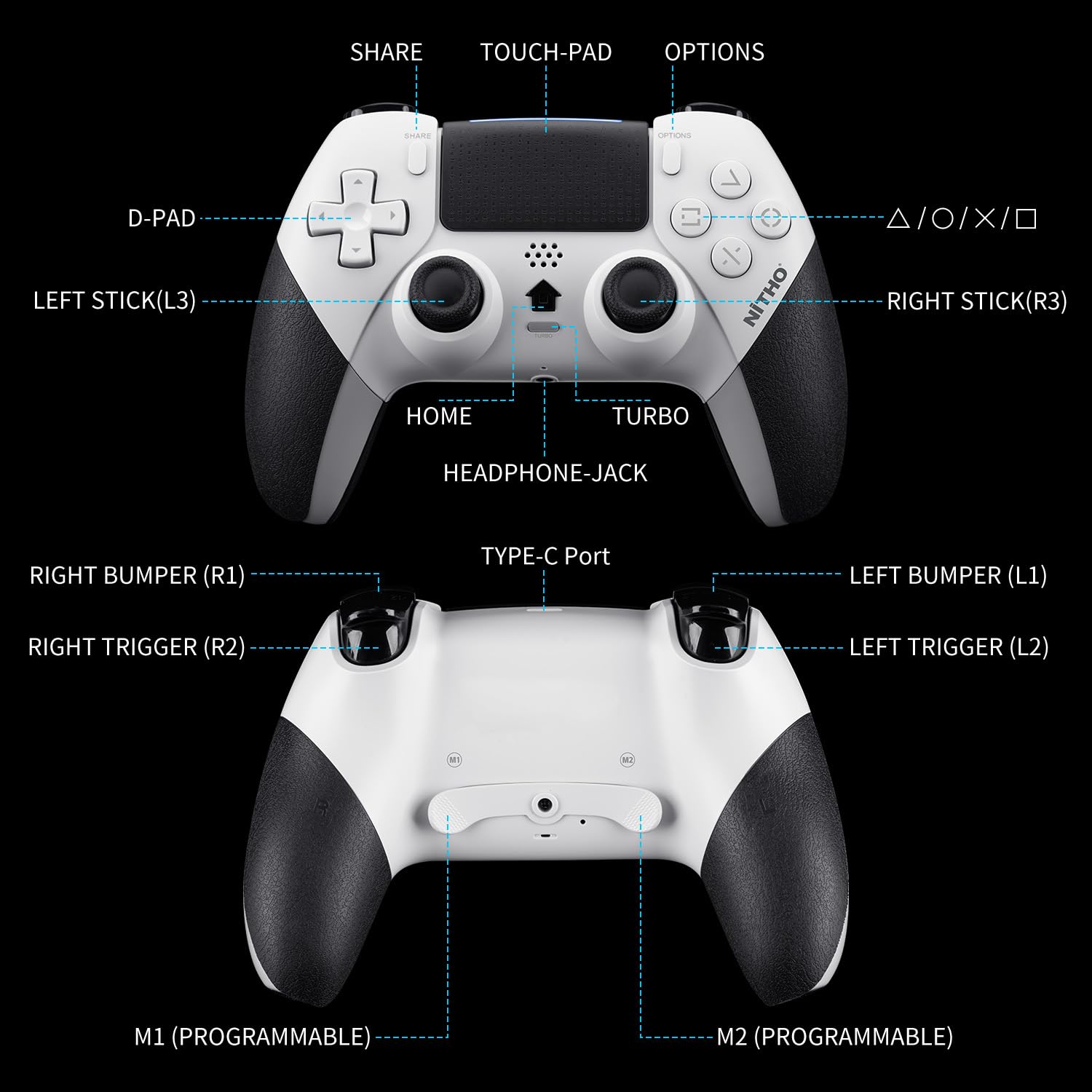 NITHO EVOLUTION Controller Wireless Compatibile con PS5, PC iOS e Android, Gamepad con Joystick Effetto Hall, Touchpad, Turbo, Macro, Vibrazione Doppia, Sensore Movimento 6 Assi e Jack Audio 3.5 mm
