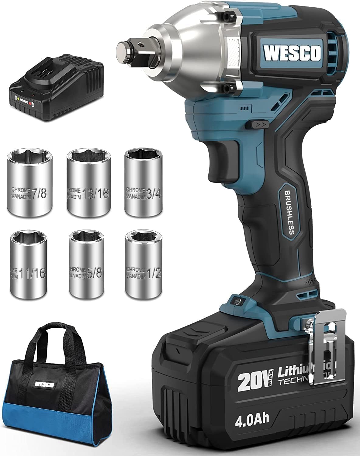 WESCO Cordless Brushless Impact Wrench, 20V 4.0Ah High Torque 300N.m Cordless Wrench Kit, 0-3200/min, 0-3600 BPM Cordless Impact Wrench, With 4.0Ah Battery & Charger, 6pcs Impact Sockets, Handbag