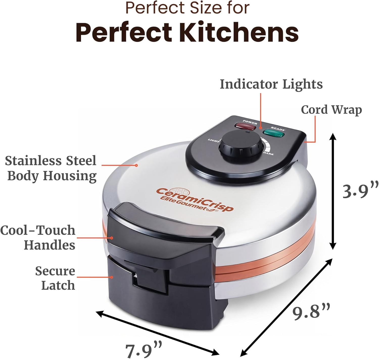 Elite Gourmet Belgian Waffle Maker with PFAS-Free CeramiCrisp™ Ceramic Nonstick Plates, Adjustable Browning Control, 1100W Heating, Power & Ready Indicator Lights, Vertical Storage, Stainless Steel