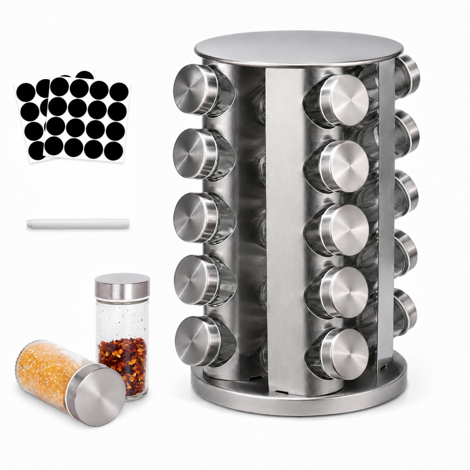 Gewürzregal drehbar, Edelstahl, mit Etiketten und Stift | Gewürzregal Stehend 5-stöckiges Design Spice Rack 360° Drehbar, mit 20 Gewürzdosen für die Küche