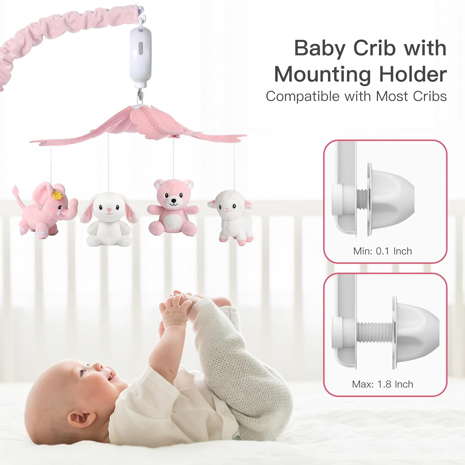 Baby Crib Mobile for Girls, Soft Plush Woodland Characters Rabbit Elephant Bear Sheep, Pink and White Nursery Decor, Calming Soother with 12 Lullabies Essential and Perfect Gift for Girls