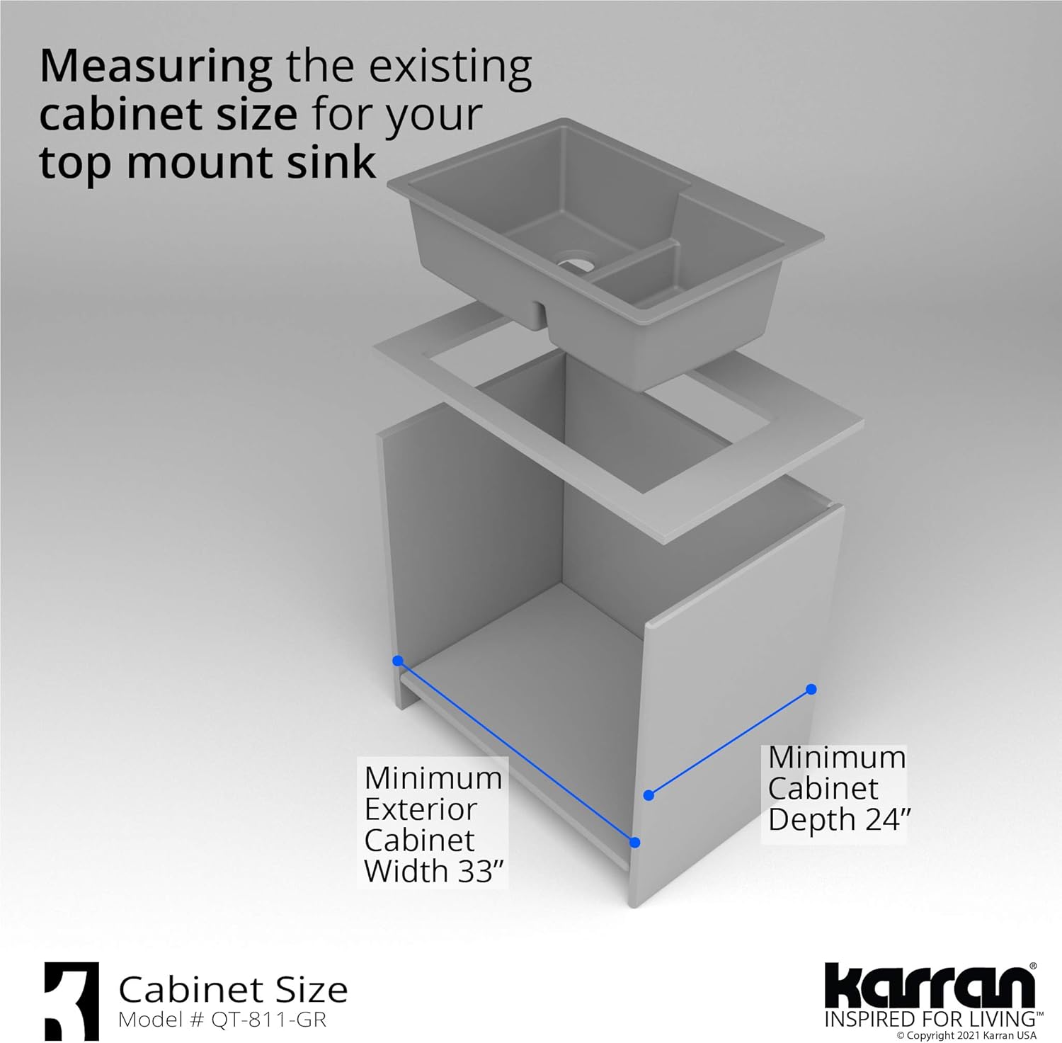 Karran QT-811 33" Top Mount Large/Small Bowl Quartz Kitchen Sink Kit in Grey