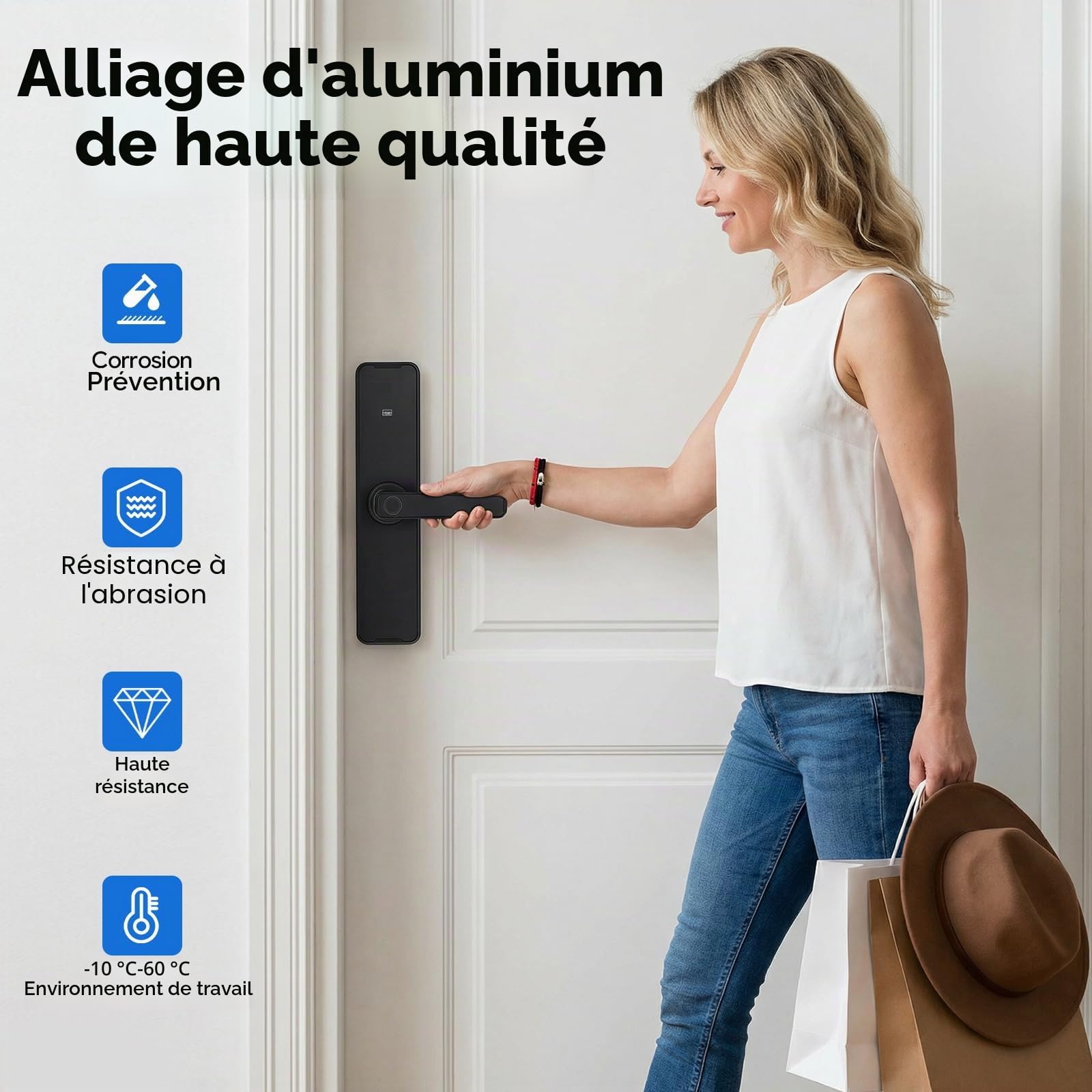 Serrure Connectée WiFi Empreinte Digitale 5 Méthodes Déverrouillage, TUYA App Carte Clé Code, Alarme Sécurité Anti-Effraction Porte 30-50mm Serrure Intelligente Avec Poignées