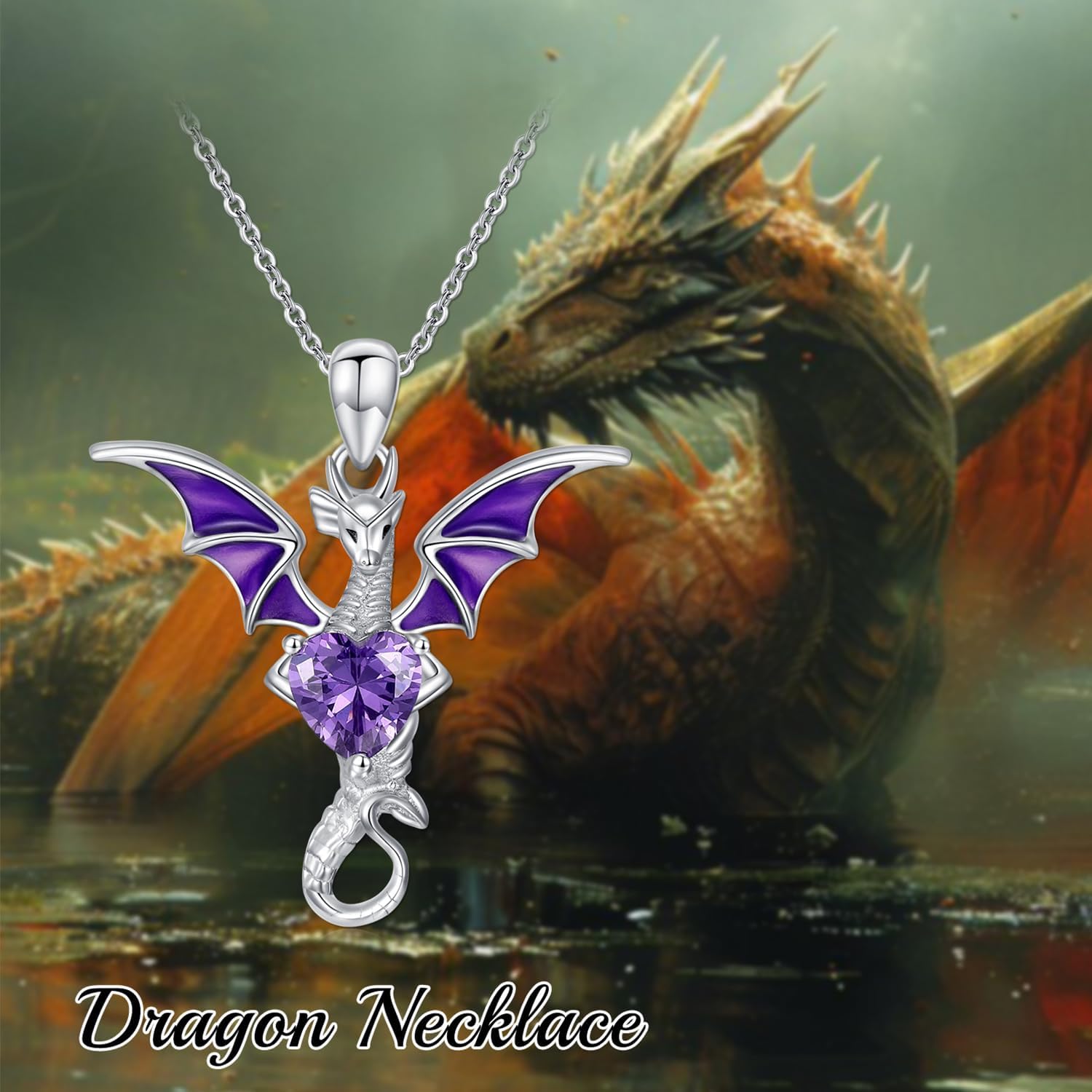 Dragon Necklace for Women 925 Sterling Silver Dragon with Heart Cut Birthstone Pendant Necklace - Image 5