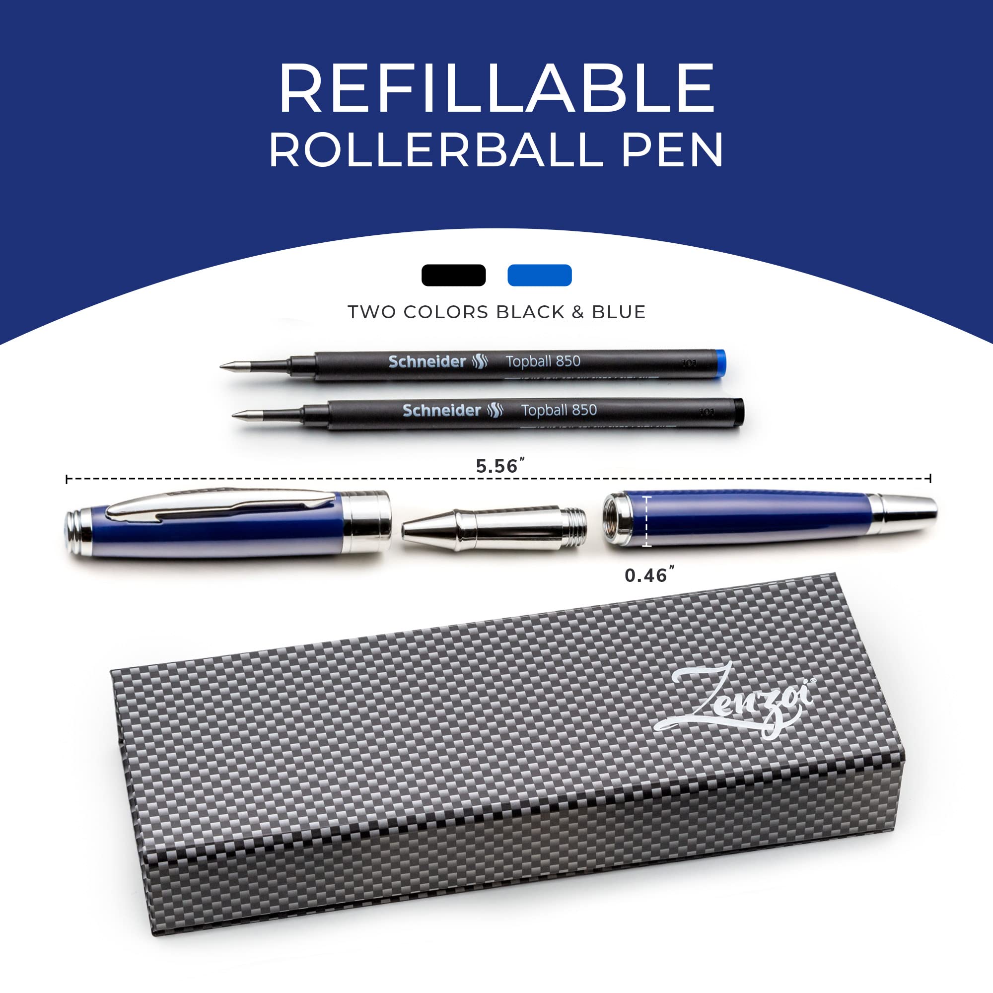 Stylo Roller ZenZoi Bleu Et Argent - Corps Métal, Rechargeable, écriture Fluide - Stylo Professionnel Ou Cadeau