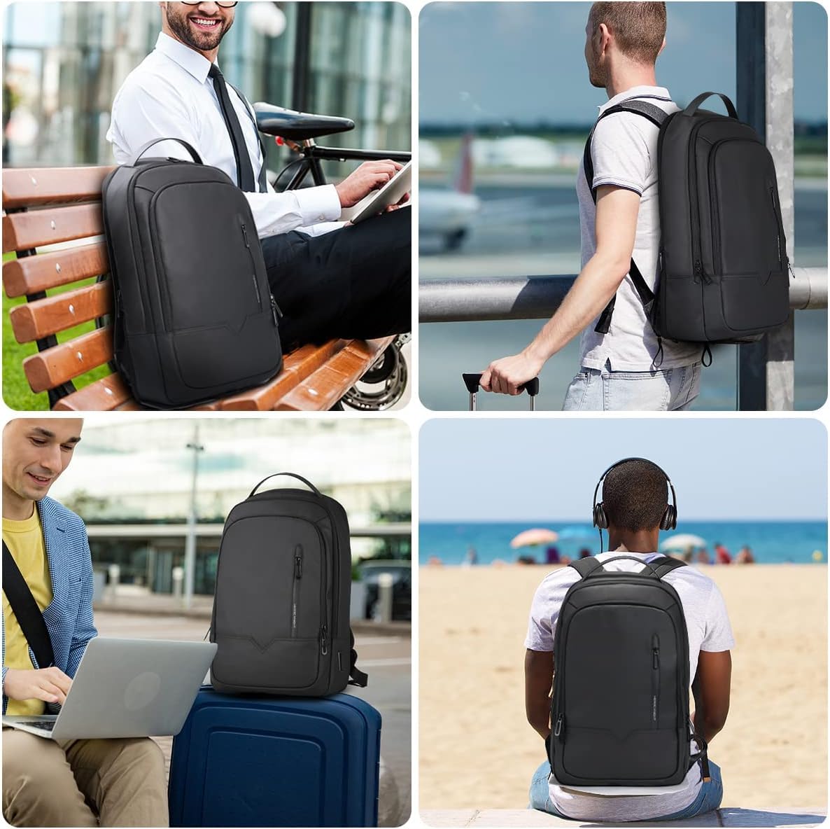 Mochila Expandible para Laptop 15.6'' con Puerto USB, Impermeable, Ligera y Antirrobo, de 18 a 25 L, Ideal para Oficina, Viajes y Escuela, para Hombres y Mujeres - Negro