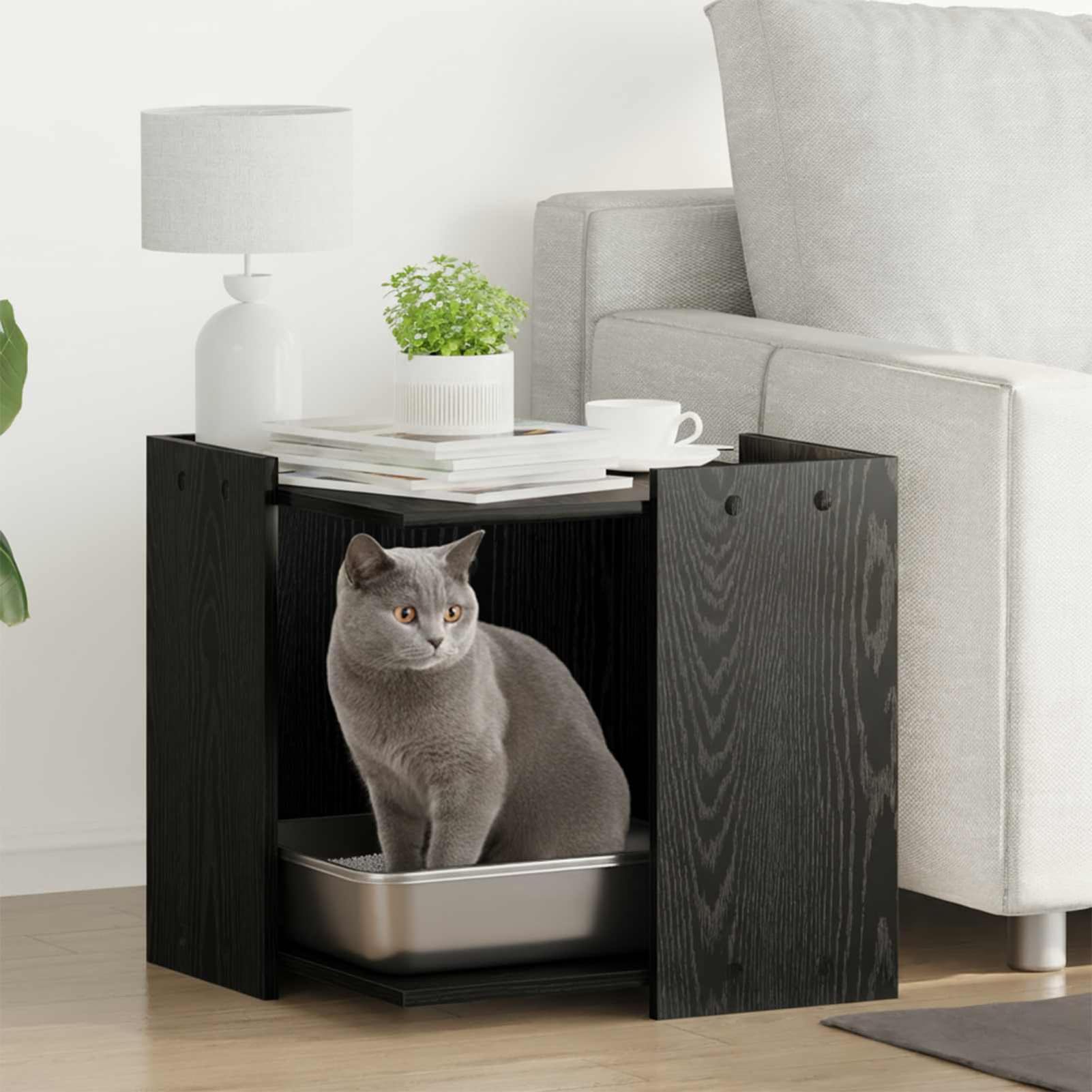 Gecheer Katzenstreu Box Umzäunung Schwarz Eichen-Optik, 53 x 53 x 51 cm, Holzwerkstoff, für Innenbereich