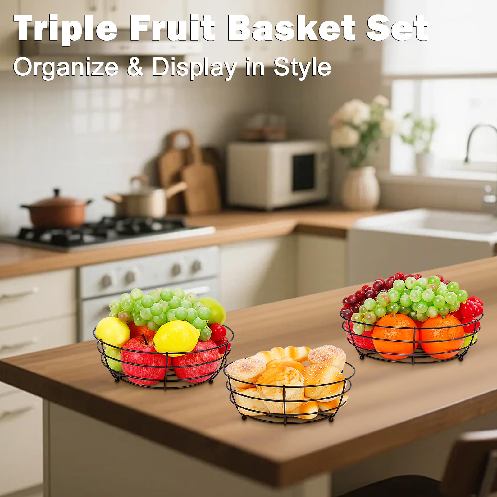 Livabber Obstschale aus Draht, Metall-Obstkorb für Küchentheke, große Kapazität, Aufbewahrungshalter, Tisch-Organizer für Gemüse, Brot, Snacks, 3 Stück (schwarz)