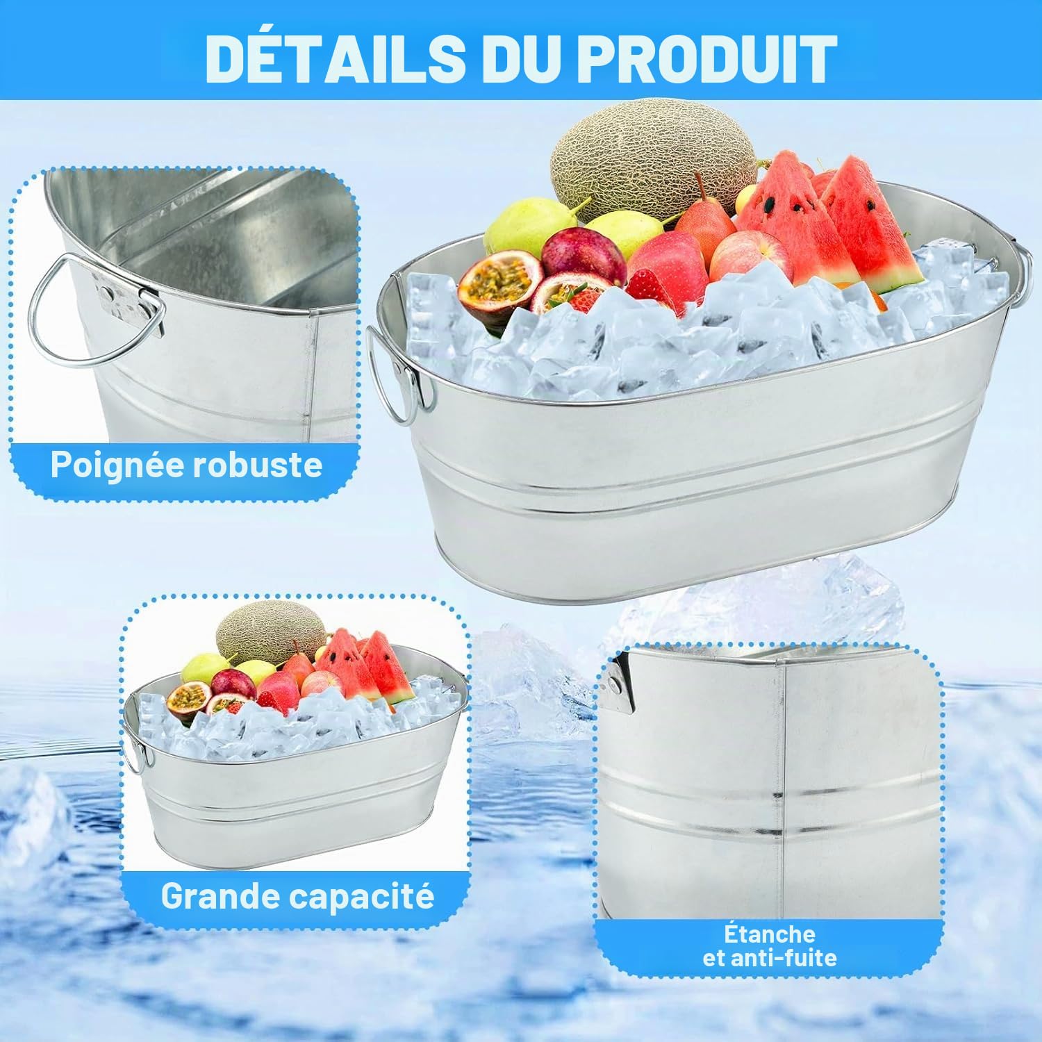 Lot de 4 grands seaux à champagne galvanisés de 13 L avec poignée de transport pour fêtes, barbecues et bars, bouteilles de refroidissement, canettes de bière ou boissons gazeuses, bière, champagne