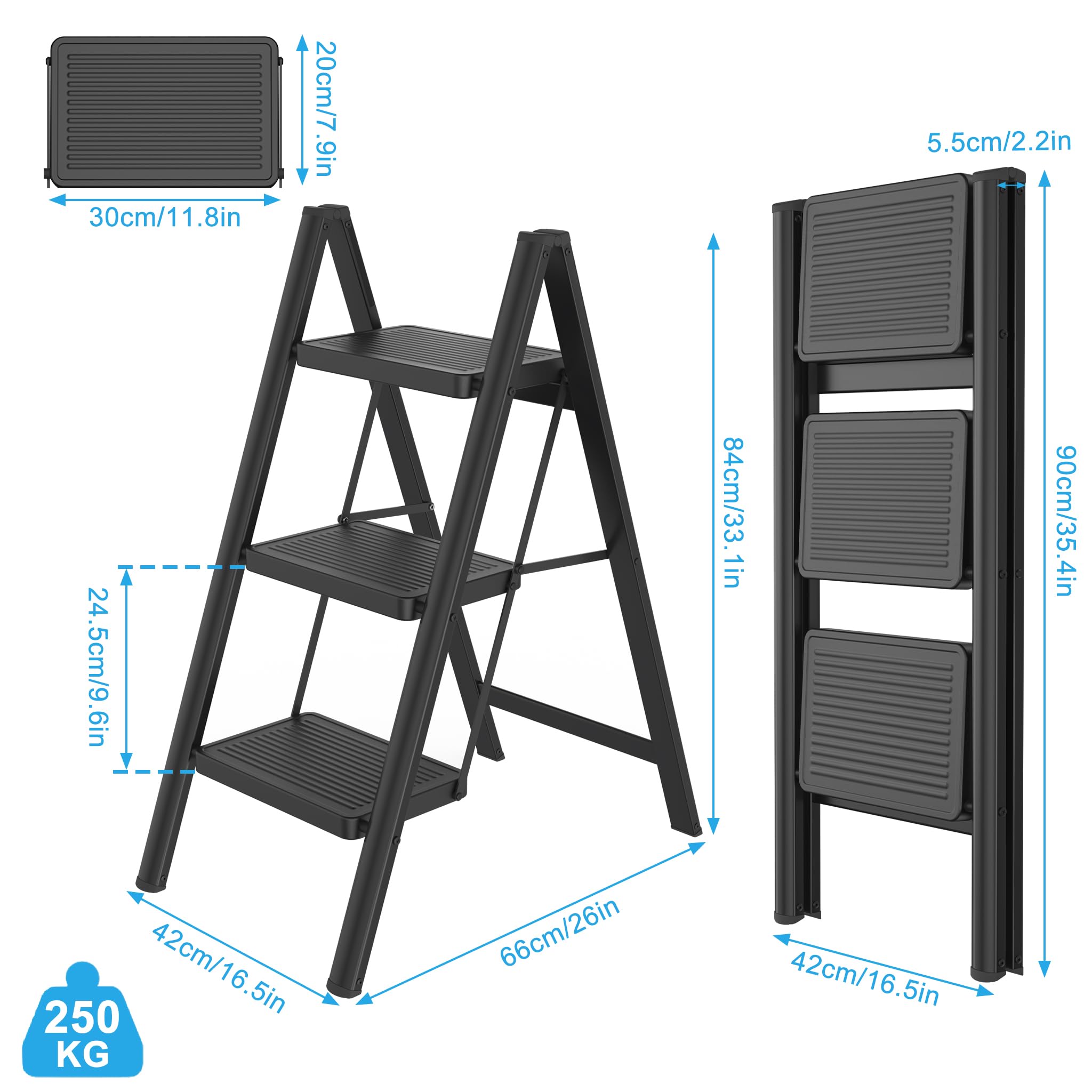 Froadp Scaletta pieghevole a 3 gradini, antiscivolo, in ferro, multifunzione, per casa, cucina ed esterni, portata fino a 250 kg