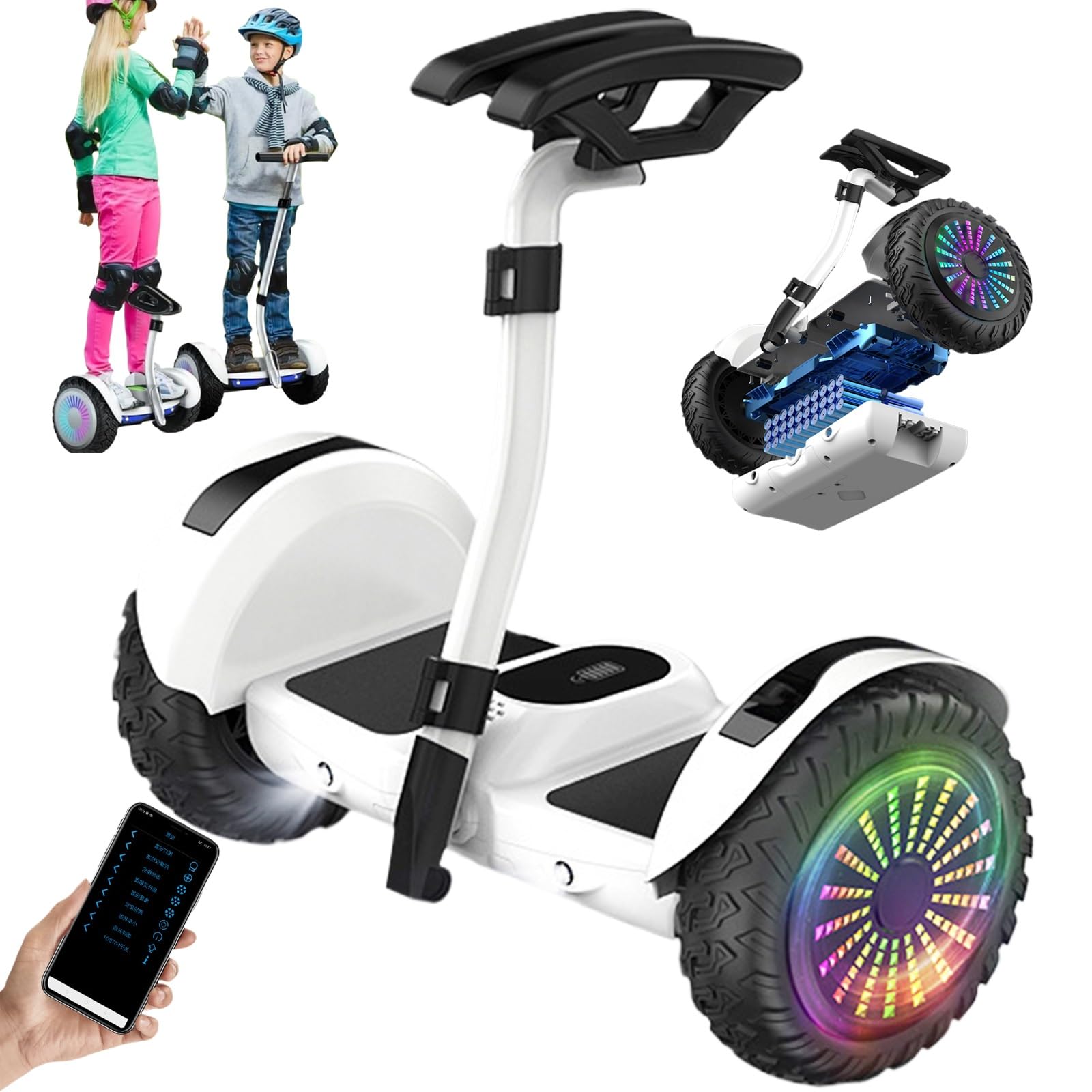 Trottinette Électrique Auto-équilibrée, 10'' Roues LED Tout-terrain, Commande Par Les Jambes/Mains Et APP, Hauteur Réglable, 54V Trottinette Auto-équilibrée, Musique Bluetooth, Charge 130kg(White)