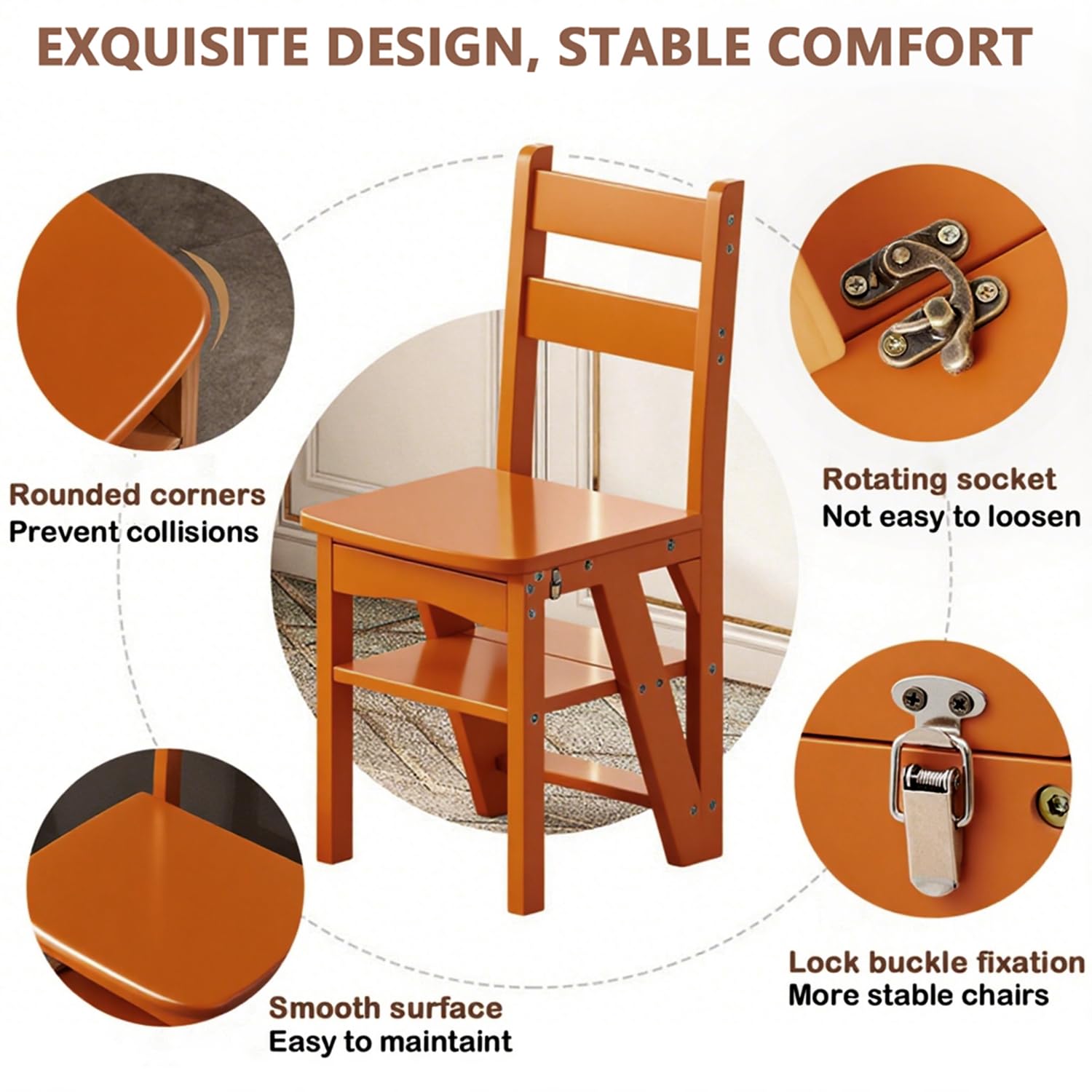 Sgabello a Scala Pieghevole 3-in-1 in Legno Massello, Sgabello Convertibile e Supporto Espositivo, Scala Multi-funzionale a 4 Ripiani, per Casa, Cucina, Biblioteca, Capacità 150kg (Marrone)