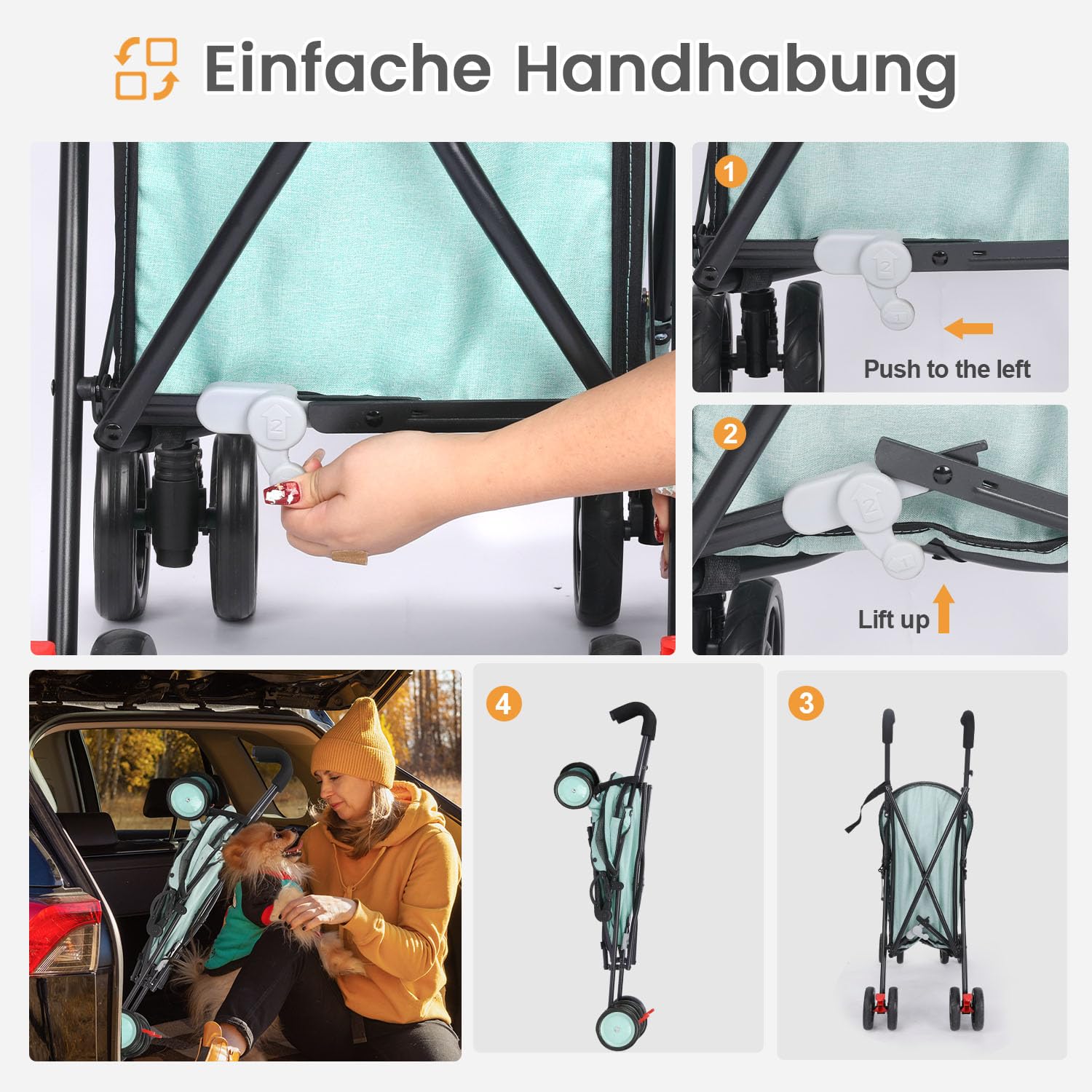 Parapluie Poussette pour petits chiens de 10 à 9 kg, poussette pliable légère 4,1 kg, avec double bandoulière à 4 roues, panier de rangement, porte-gobelet, vert foncé (bleu sarcelle)