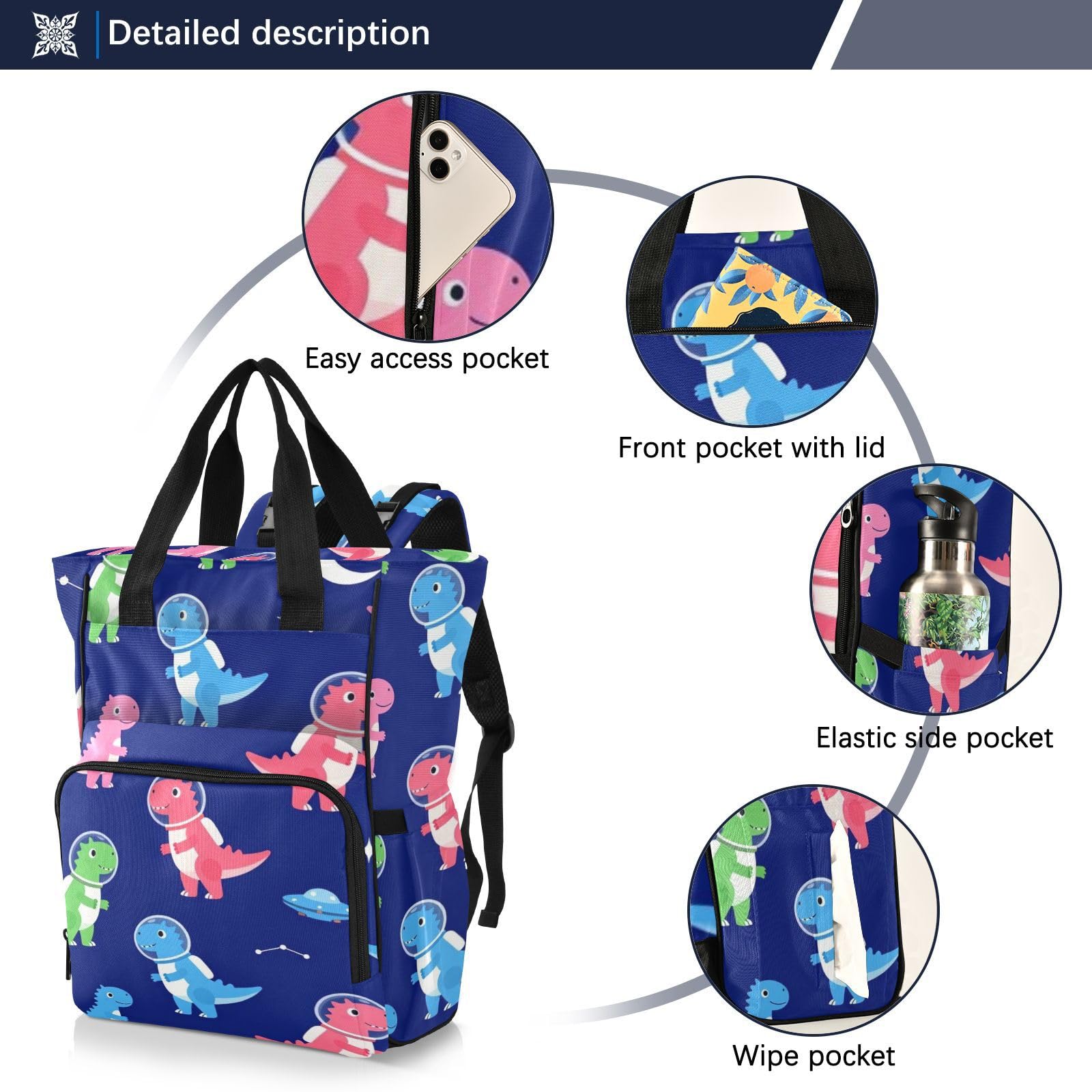 zaino per pannolini Cute Space Dinosaurs Navy