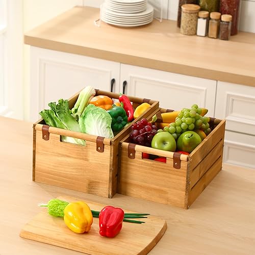 Miniatura 5 de Chunful Juego de 2 cajas de madera rústica grandes de madera rústica con asas recortadas de 15.3 x 11 x 7.8 pulgadas y 13.3 x 9.4 x 7 pulgadas, caja