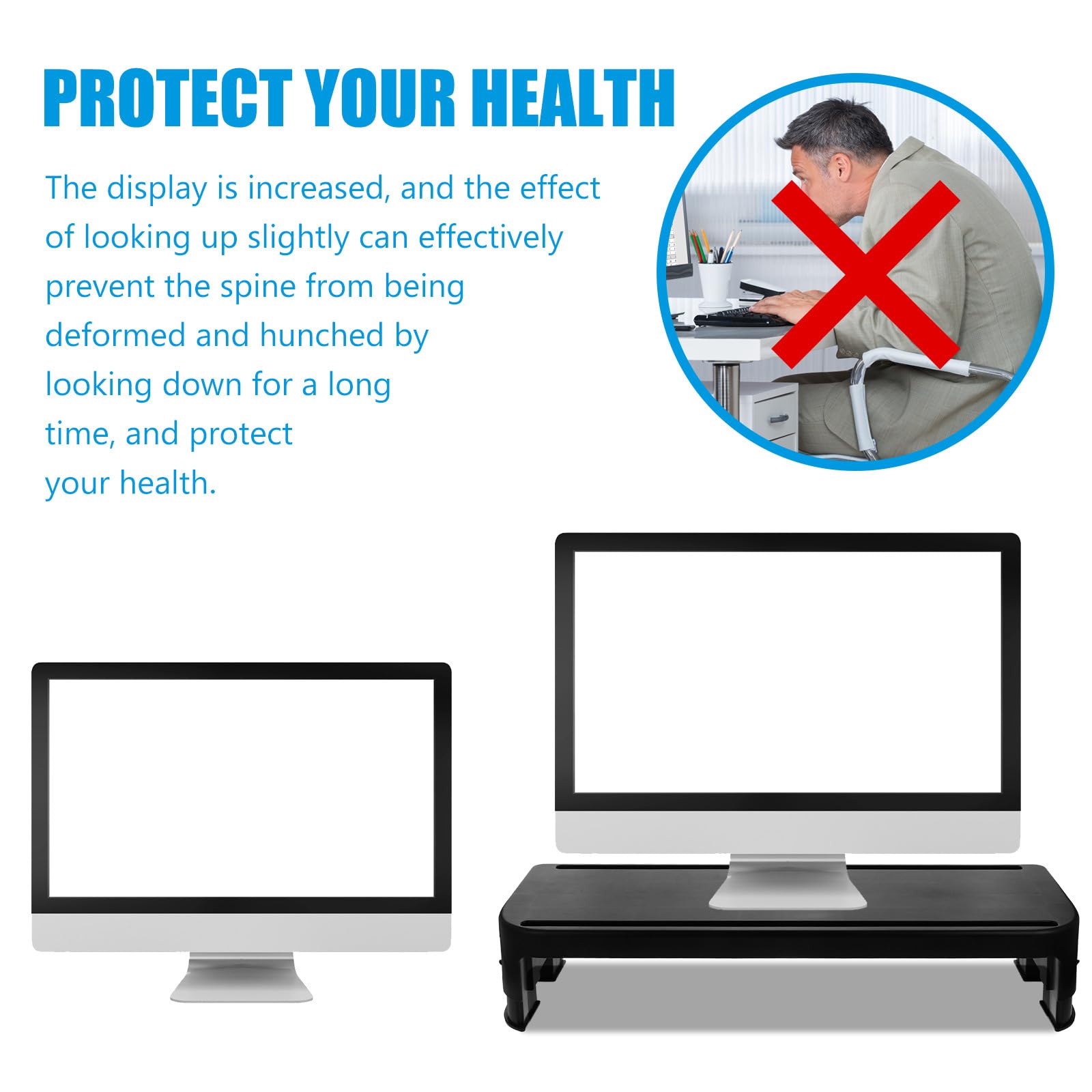 Supporto per Monitor Regolabile da Scrivania Porta Tablet e Portaoggetti Antiscivolo, Rialzo Ergonomico per Computer per Ufficio e Smart Working, Struttura Resistente Nera
