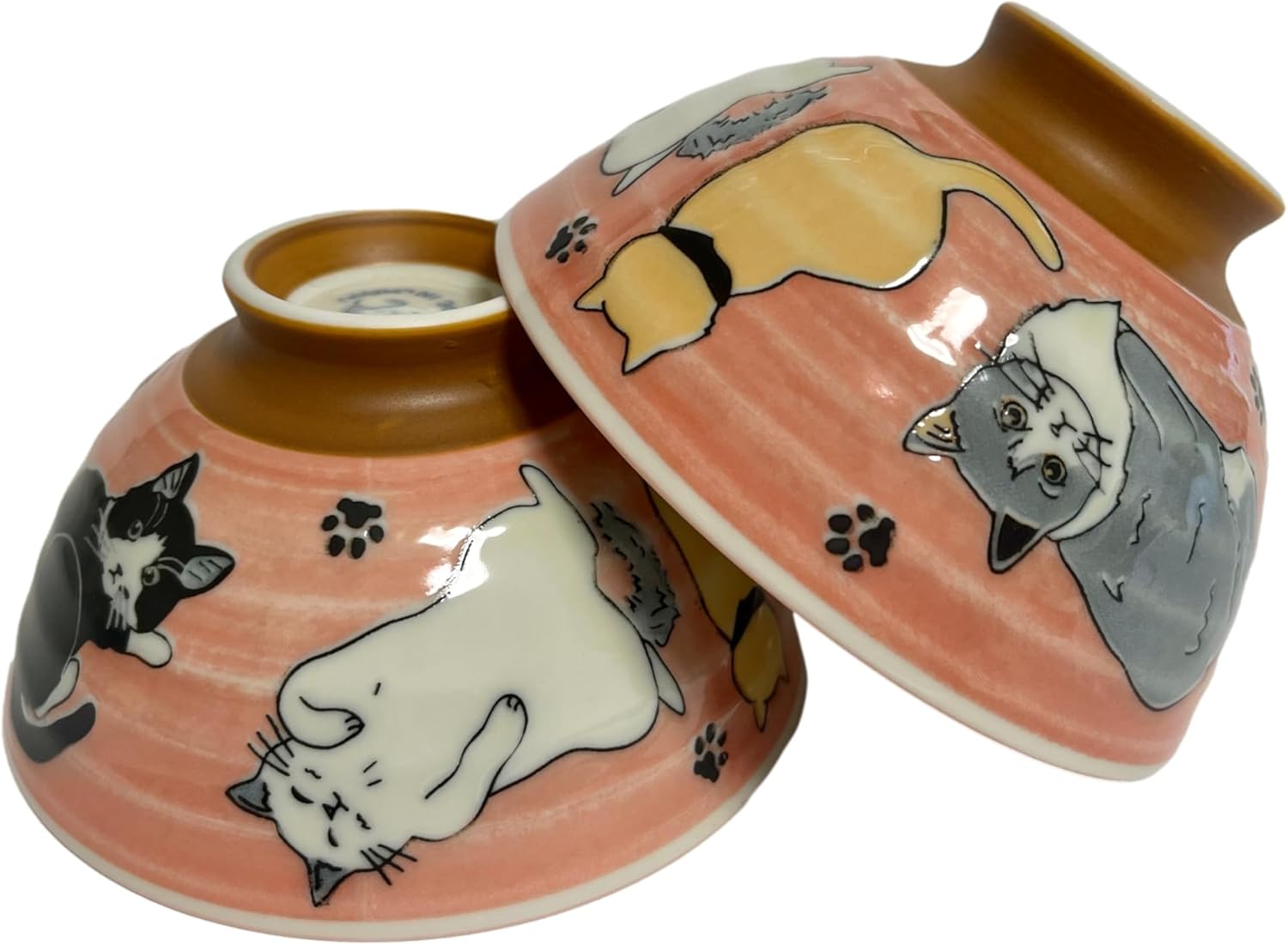 Japanese Mino Ware Ceramic Rice Bowl Set Happy Smiling Cat Pattern 4.84 Inches Diameter x H2.56 Inches, 13.3 Fluid Ounces, Blue and Red Set of 2 from Japan (Blue enman)