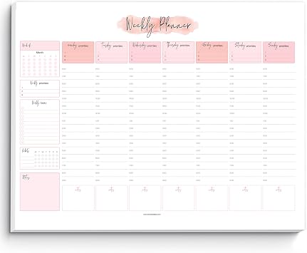 Weekly Hourly Planner Notepad, Daily Planner Desk Pad, Weekly Schedule, To Do List Note Pad, ADHD Planner | 50 Undated Tear Away Sheets | A4 Pink