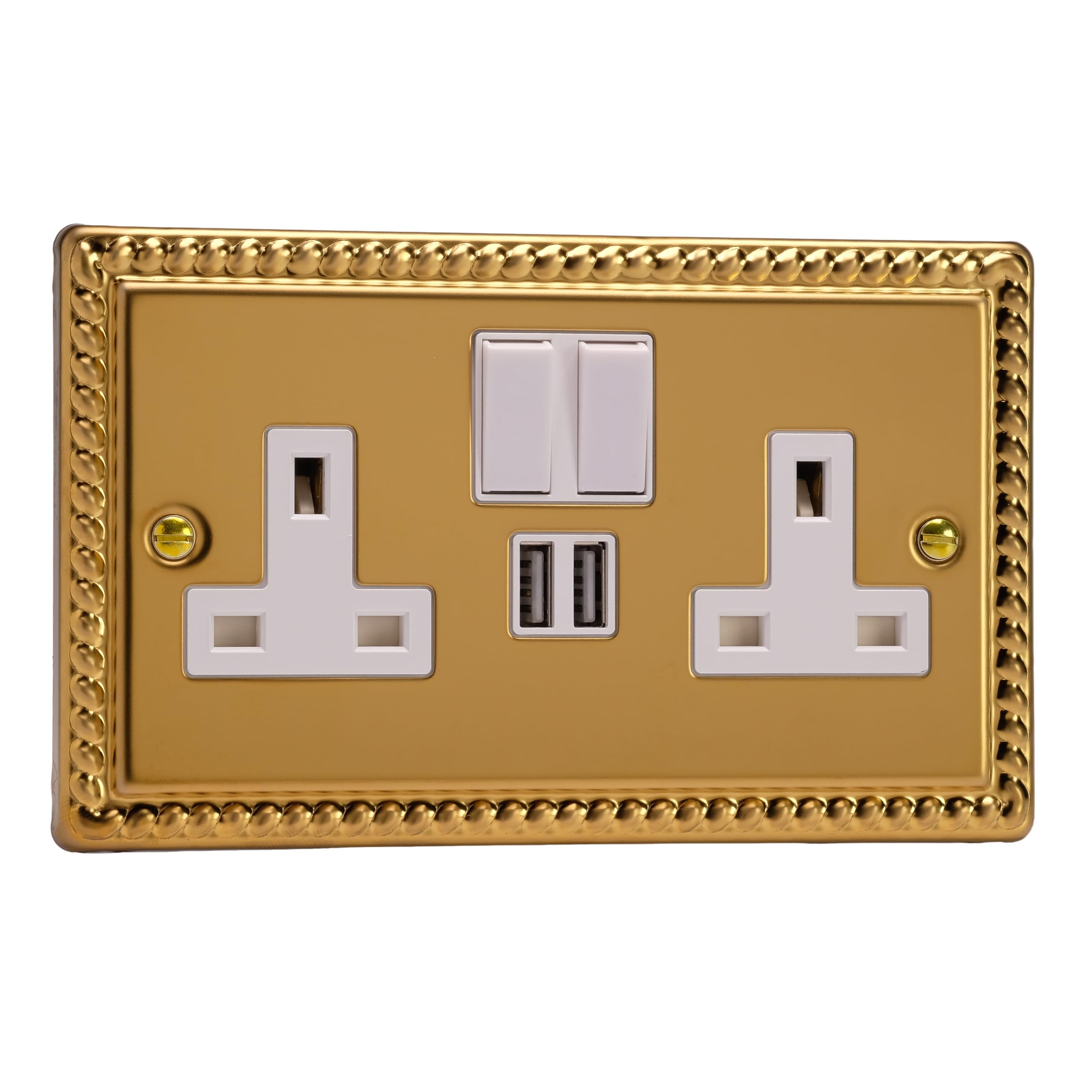 Varilight Double Switched Socket With USB Charging - Classic Georgian Brass With White Insert