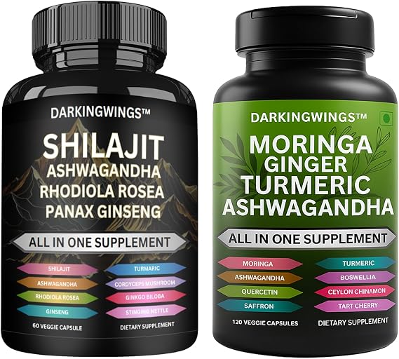 Herbal Supplement Bundle Shilajit Extract Capsules with Ashwagandha, Rhodiola & Panax Ginseng + Turmeric Curcumin Botanical Blend with Moringa & Ginger Veggie Capsules