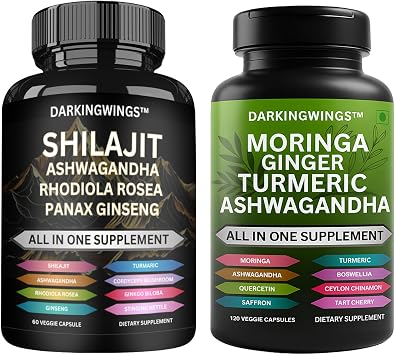 Herbal Supplement Bundle Shilajit Extract Capsules with Ashwagandha, Rhodiola & Panax Ginseng + Turmeric Curcumin Botanical Blend with Moringa & Ginger Veggie Capsules