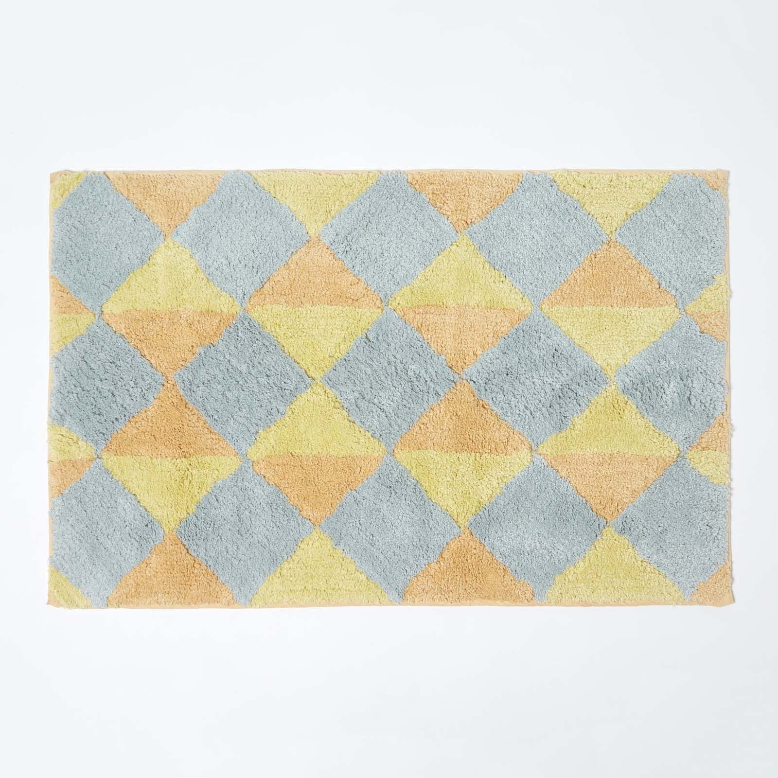 Homescapes Unisex Yellow Harlequin Pattern & Grey Cotton Bath Mat