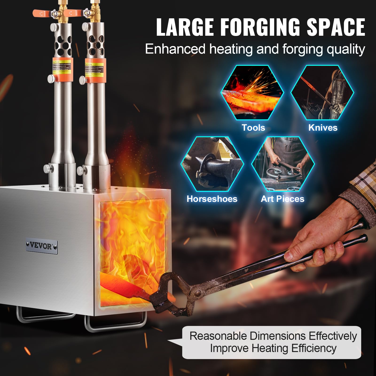 VEVOR Forgia a gas propano portatile, forno a gas quadrato con 2 bruciatori, temperatura max 1427 ℃, utensili e attrezzature per forgiatura a gas in acciaio inox, per colteliere Maréchaux-Ferrants