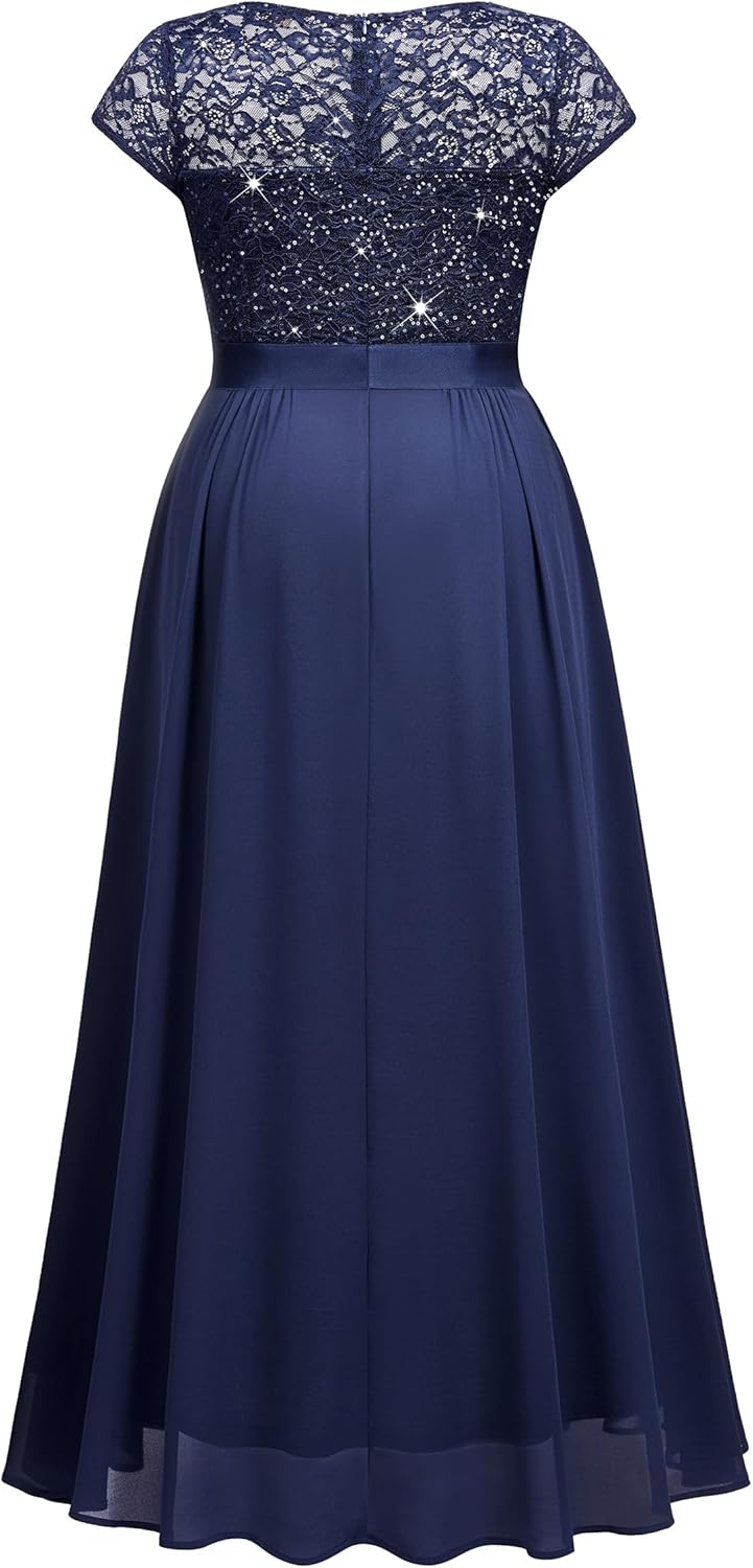 Miusol Women's Plus Size Sequin Floral Lace V Neck Formal Party Evening Gown Chiffon Maxi Dress - Image 6