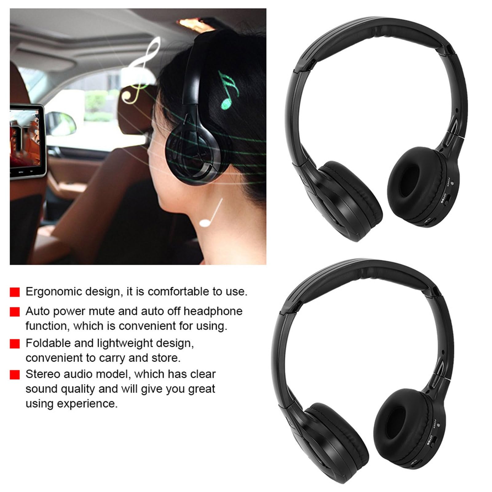 Tbest Espace 4, Casque IR, Écouteur De Voiture 2 Canaux Pliable, Infrarouge Casque sans Fil Infrarouge Casque Écouteur Stéréo pour Voiture Appui-Tête DVD