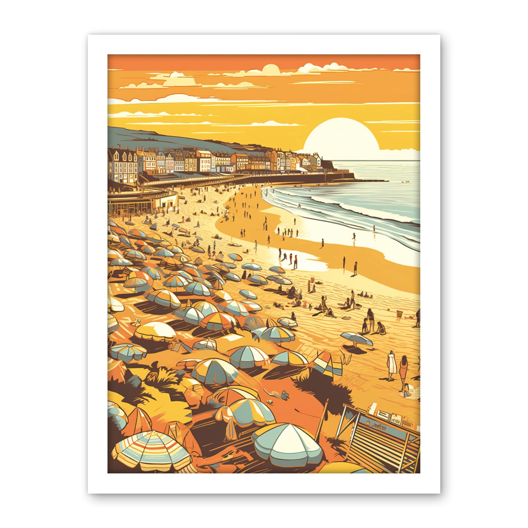 Artery8 Summer Sunset at Busy Sandy Promenade Beach Artwork Framed Wall Art Print 18X24 Inch