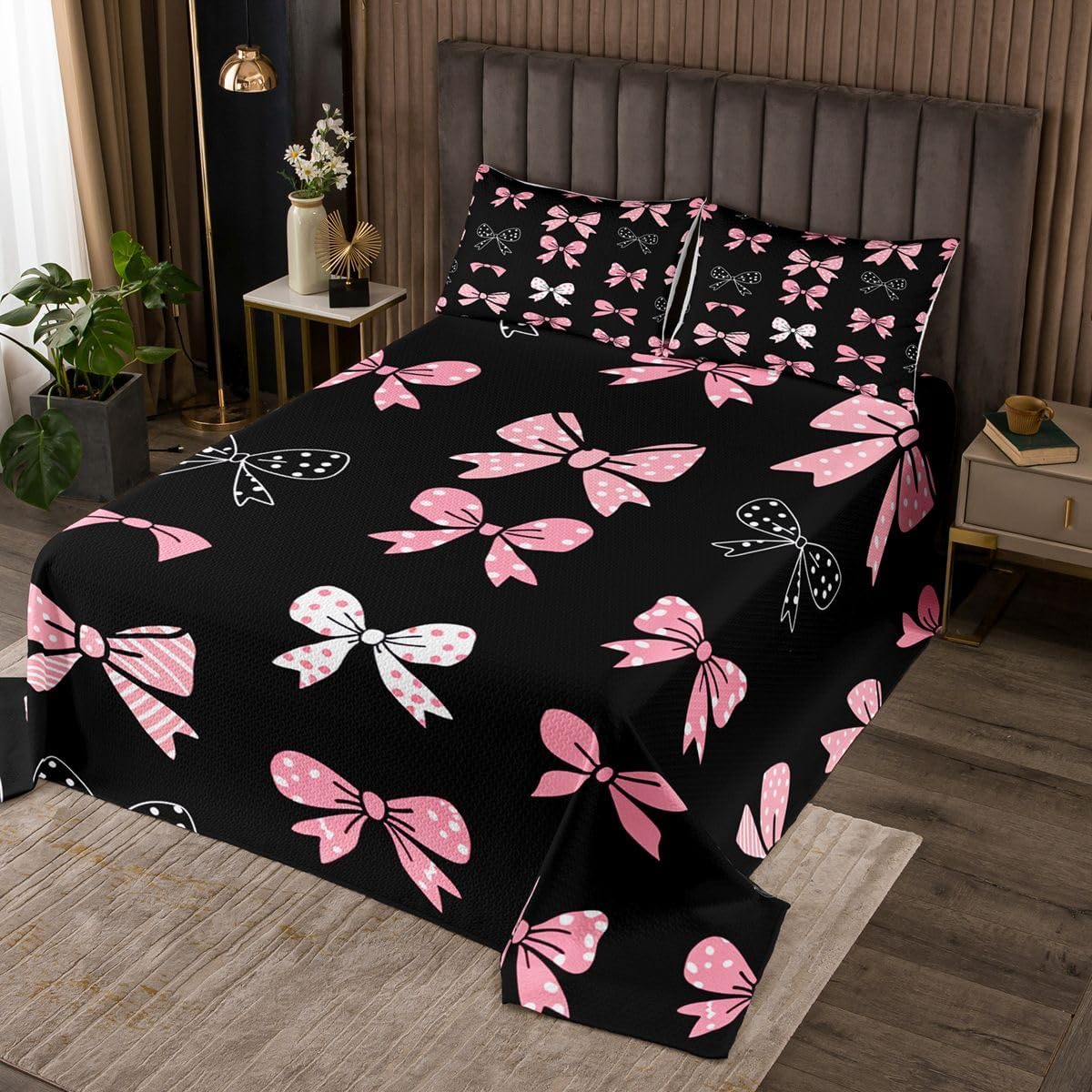 jejeloiu Balck Pink Bow Bedspread 3 Pieces King Size Princess Style Bowknot Coverlet Set Soft Cozy Polka dot Lightweight Quilted Coverlet for All Season with 2 Pillowcases