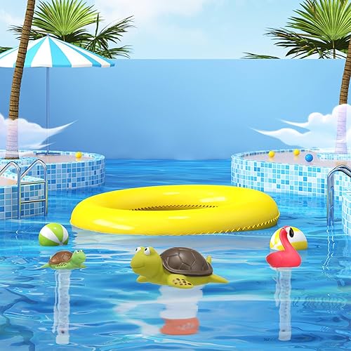 Miniatura 7 de Flotador de cloro de tortuga de 1 pulgada con 2 termómetros flotantes para piscina en diseño de flamenco y tortuga, para dispensador de cloro y