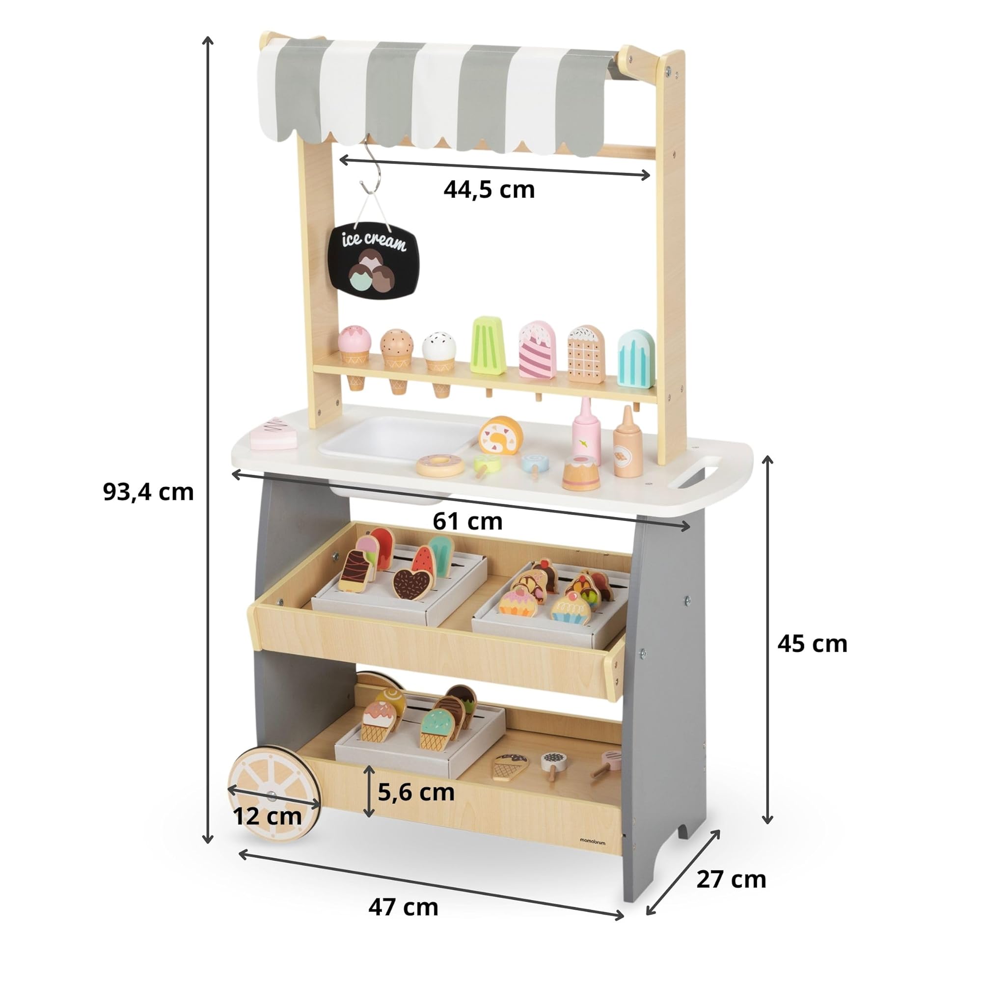 Mamabrum Holz Eisdiele für Kinder 3+, Rollwagen mit EIS, Spielen, Dezentes Design, Reichhaltige Accessoires, Entwickelt Kreativität und Soziale Fähigkeiten