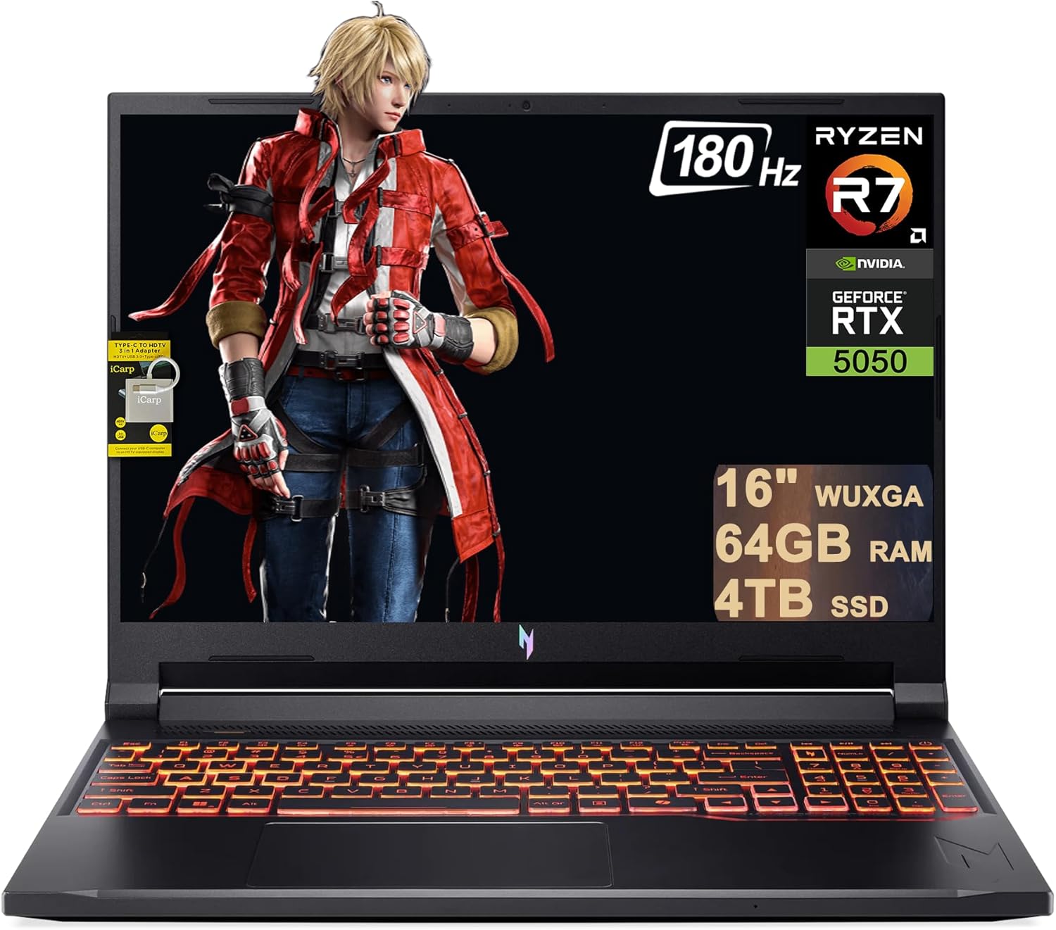 acer Nitro V 16 AI Gaming Laptop 16" WUXGA IPS 180Hz AMD 8-core Ryzen 7 260 (>i7-13700H) 64GB DDR5 4TB SSD GeForce RTX 5050 (Up to 421 AI Tops) Backlit Wi-Fi6E Win11 ICP Hub